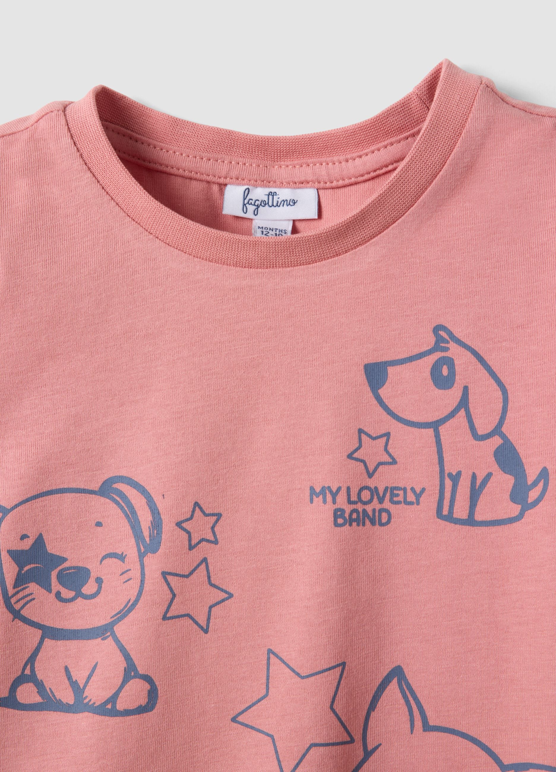 Pink organic cotton T-shirt with cute animal print for baby girl