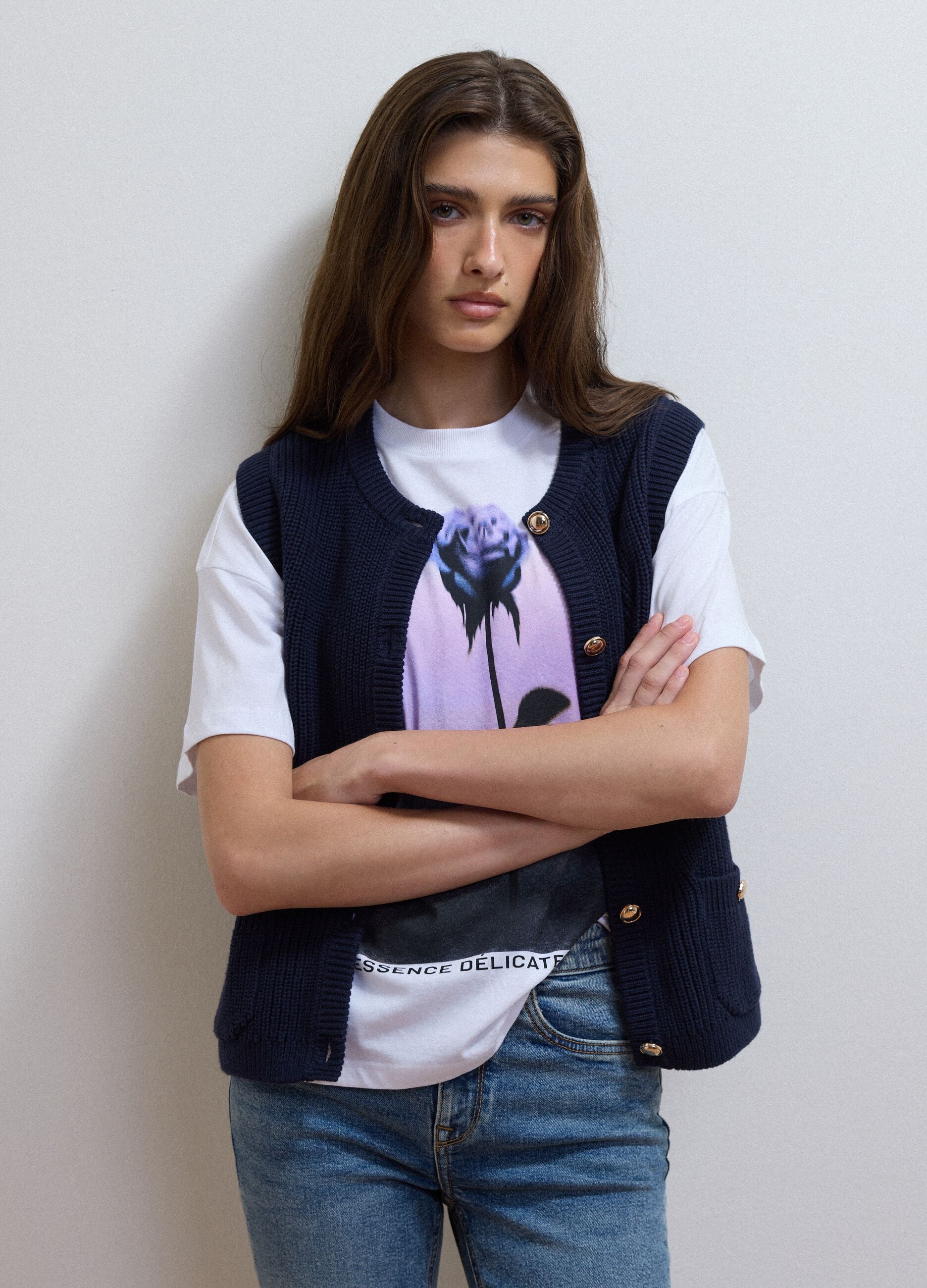 Blue pure-cotton knitted gilet in a regular fit