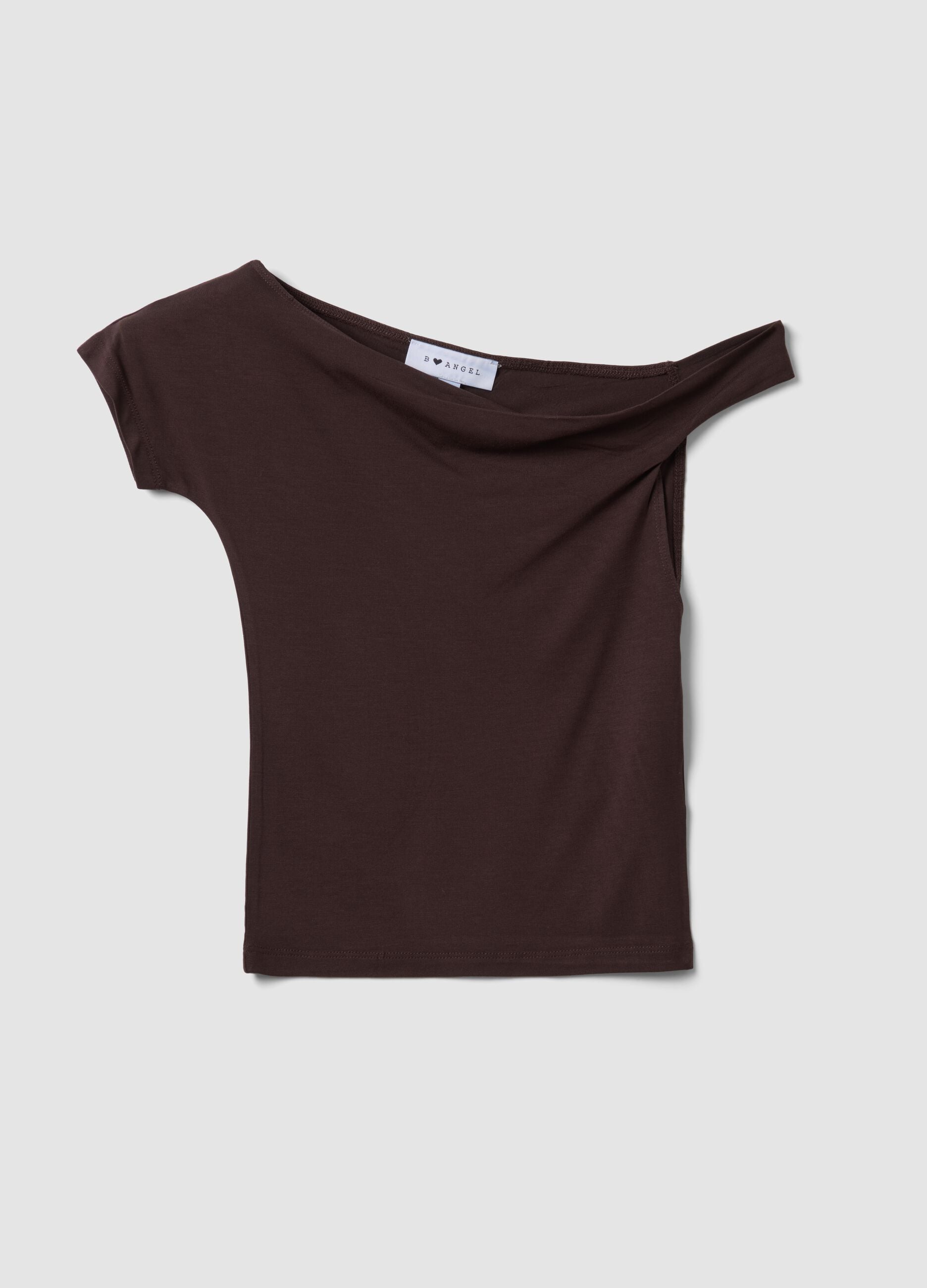 Brown stretch viscose T-shirt with Bardot neckline