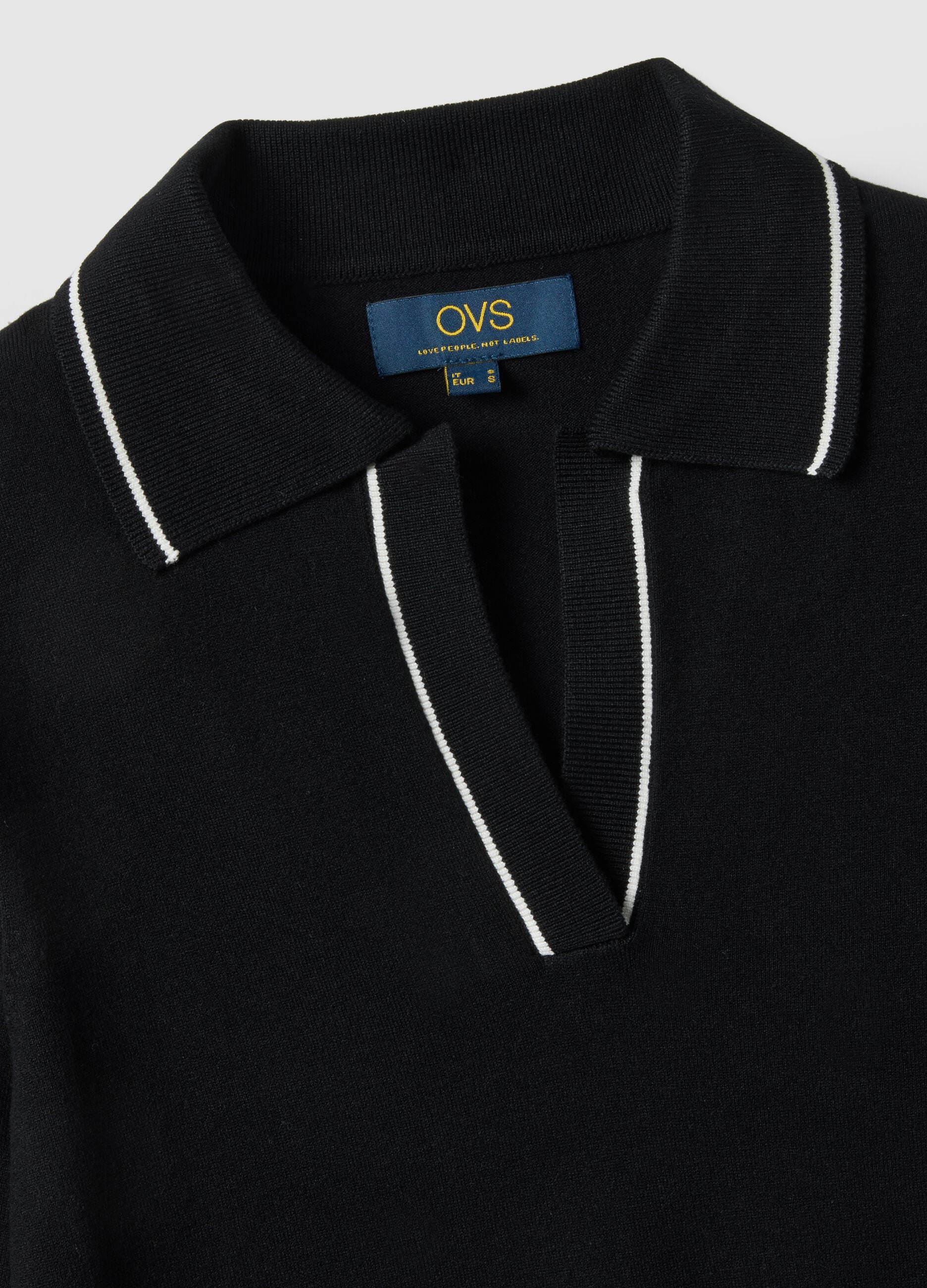 Black viscose blend slim fit polo with contrast stitching