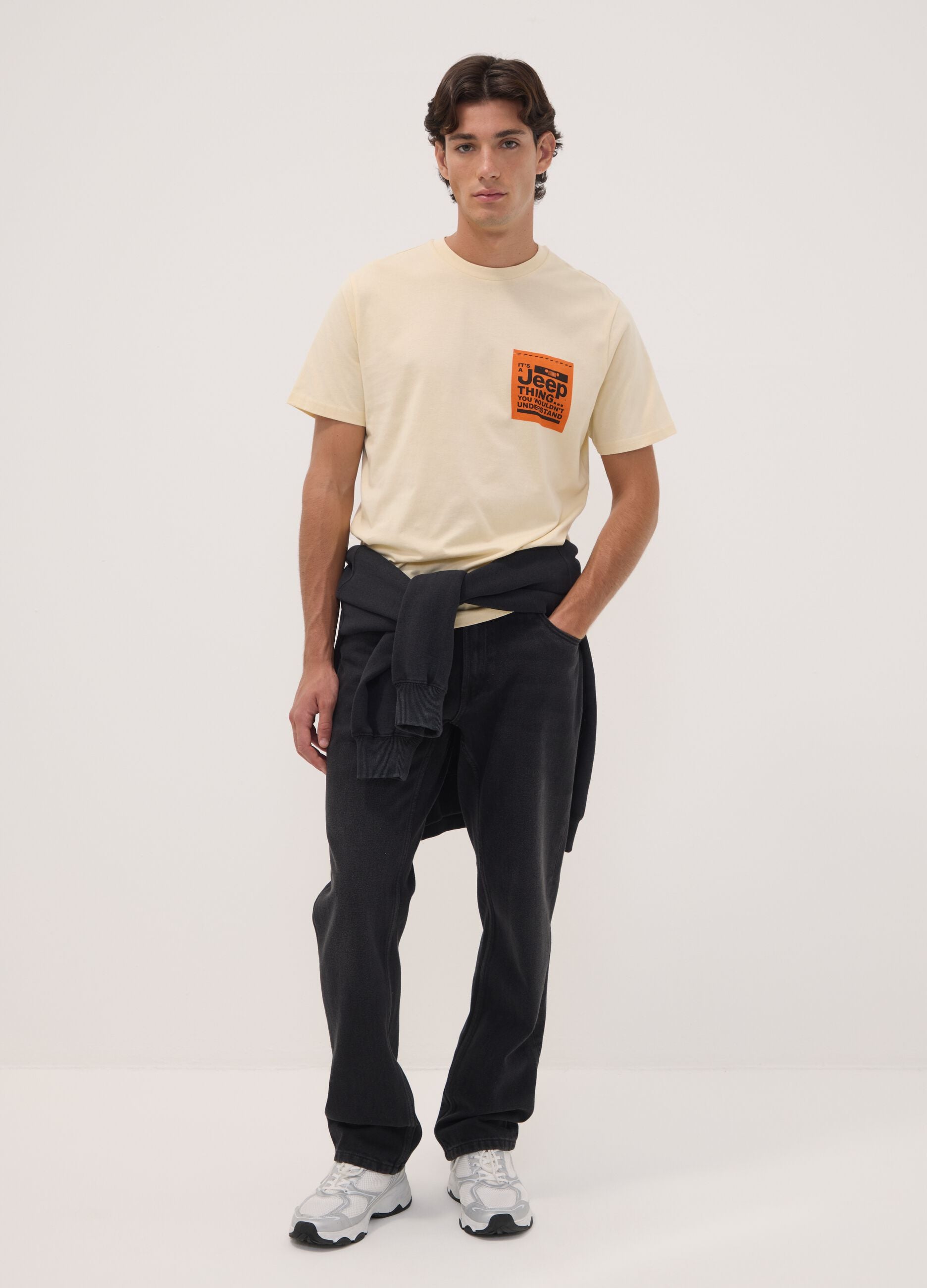 Beige pure cotton crew-neck T-shirt with Jeep print