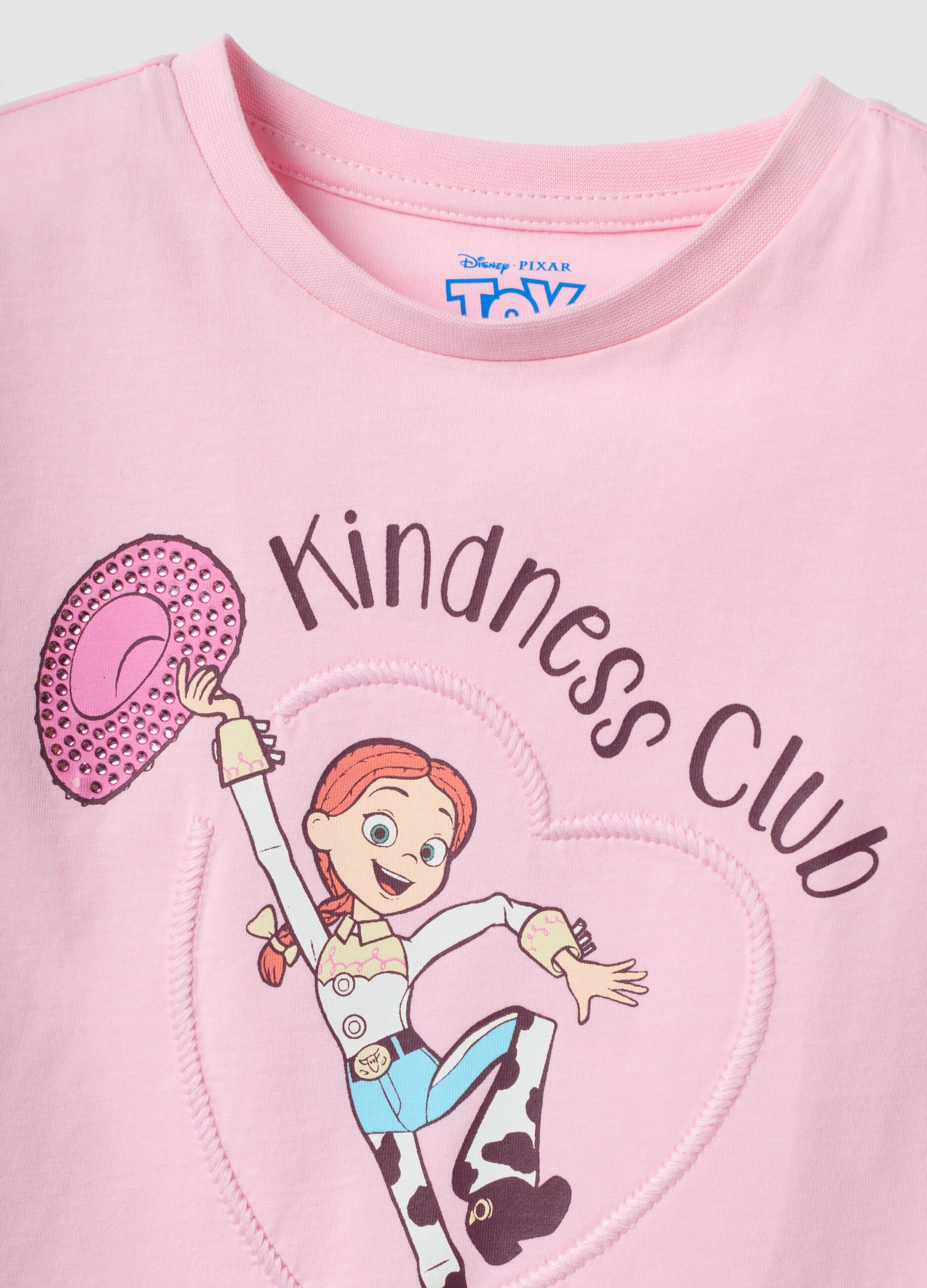 Pink pure cotton T-shirt with fringed sleeves and Toy Story print
