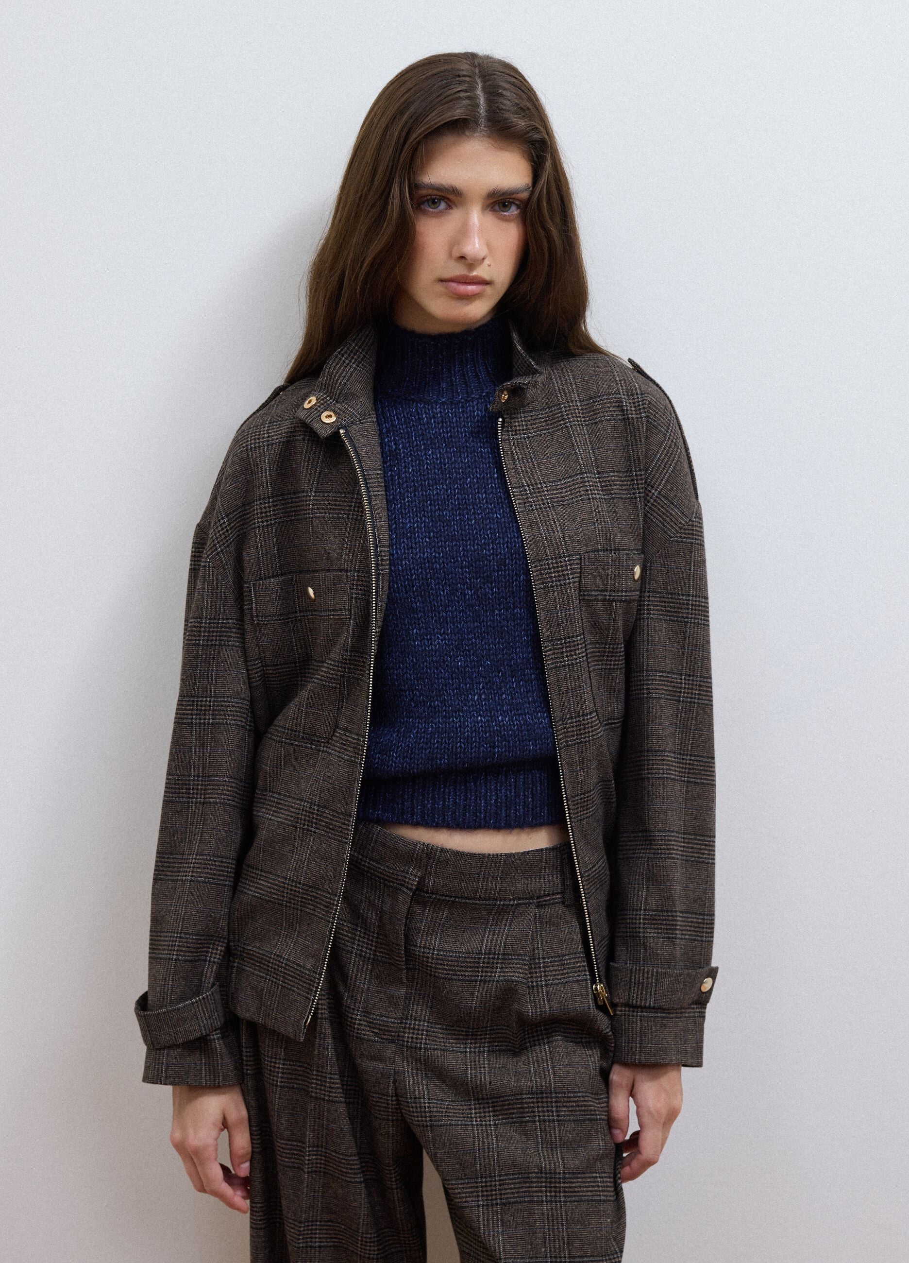 Brown checked stretch viscose shacket with oversized fit