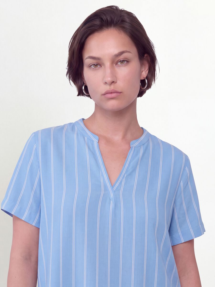 Blue striped pure viscose blouse with Mandarin collar, regular fit_0