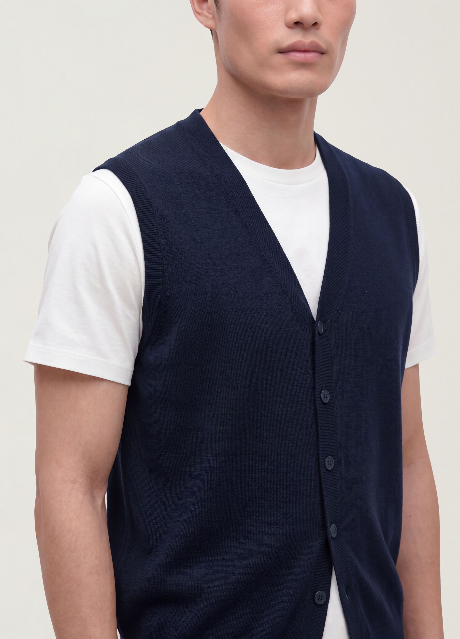Blue viscose-blend waistcoat with deep V-neck, regular fit