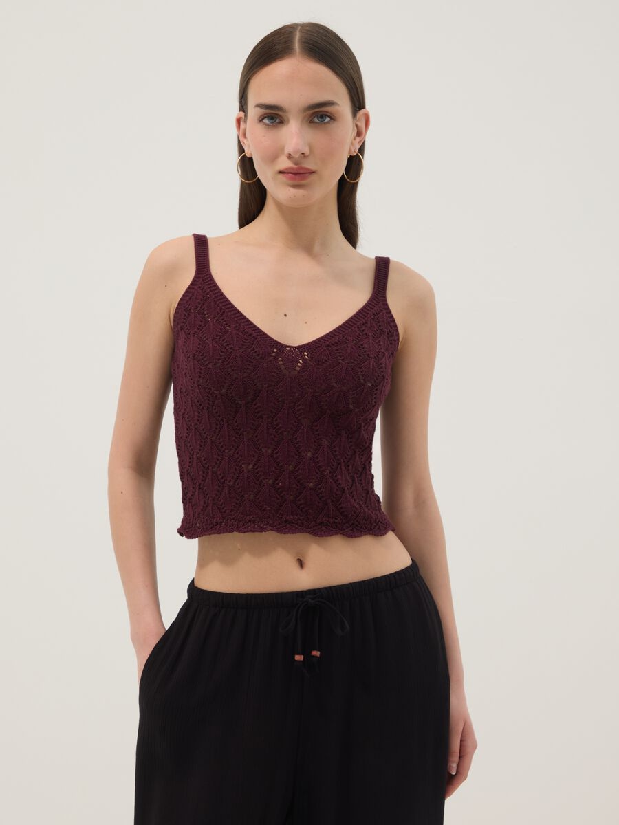 Red pure cotton crochet gilet, regular fit_1