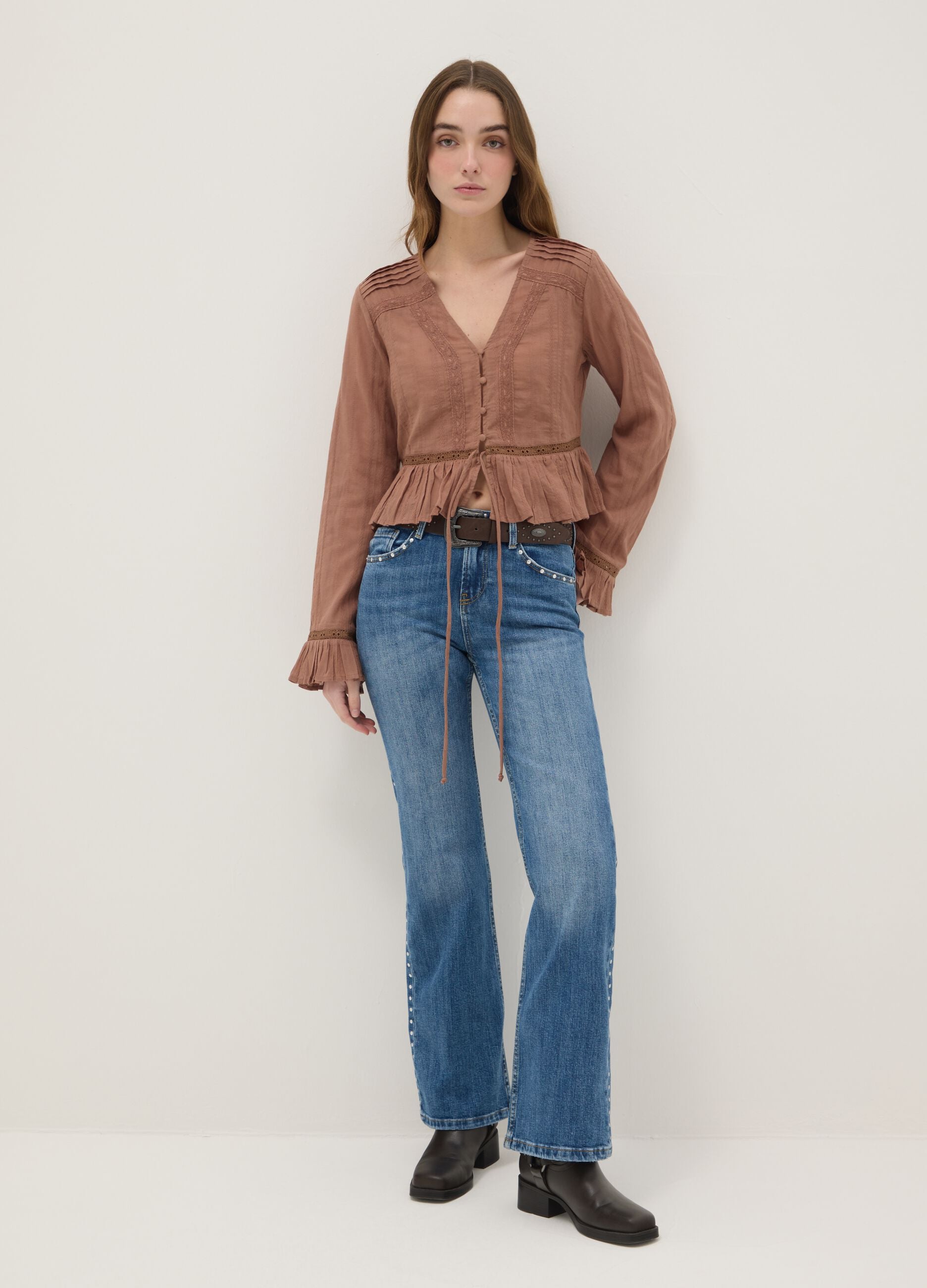 Brown pure cotton regular fit shirt with ruffles