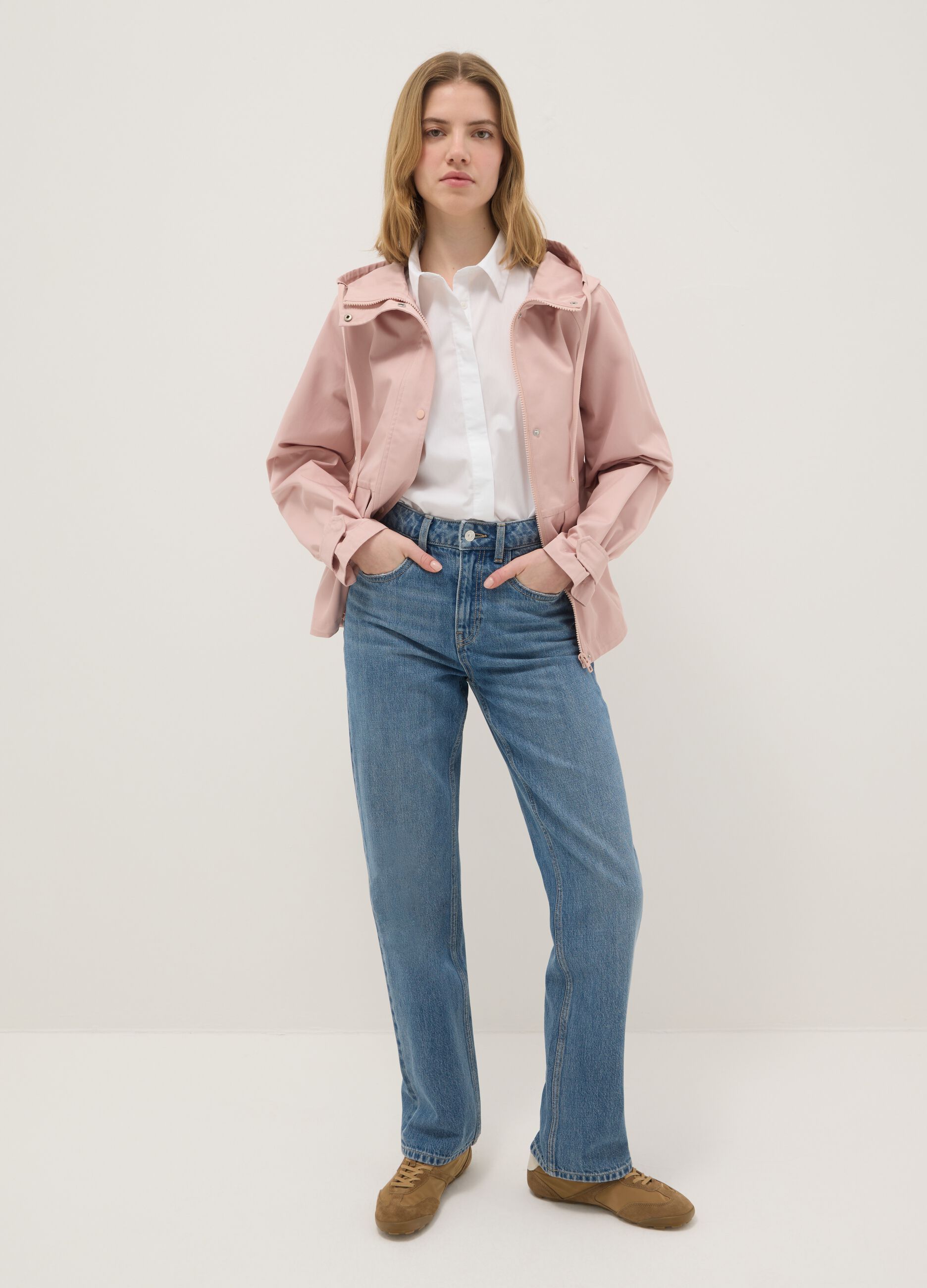 Pink Regular Fit Cotton Blend Jacket with Zip and Hood