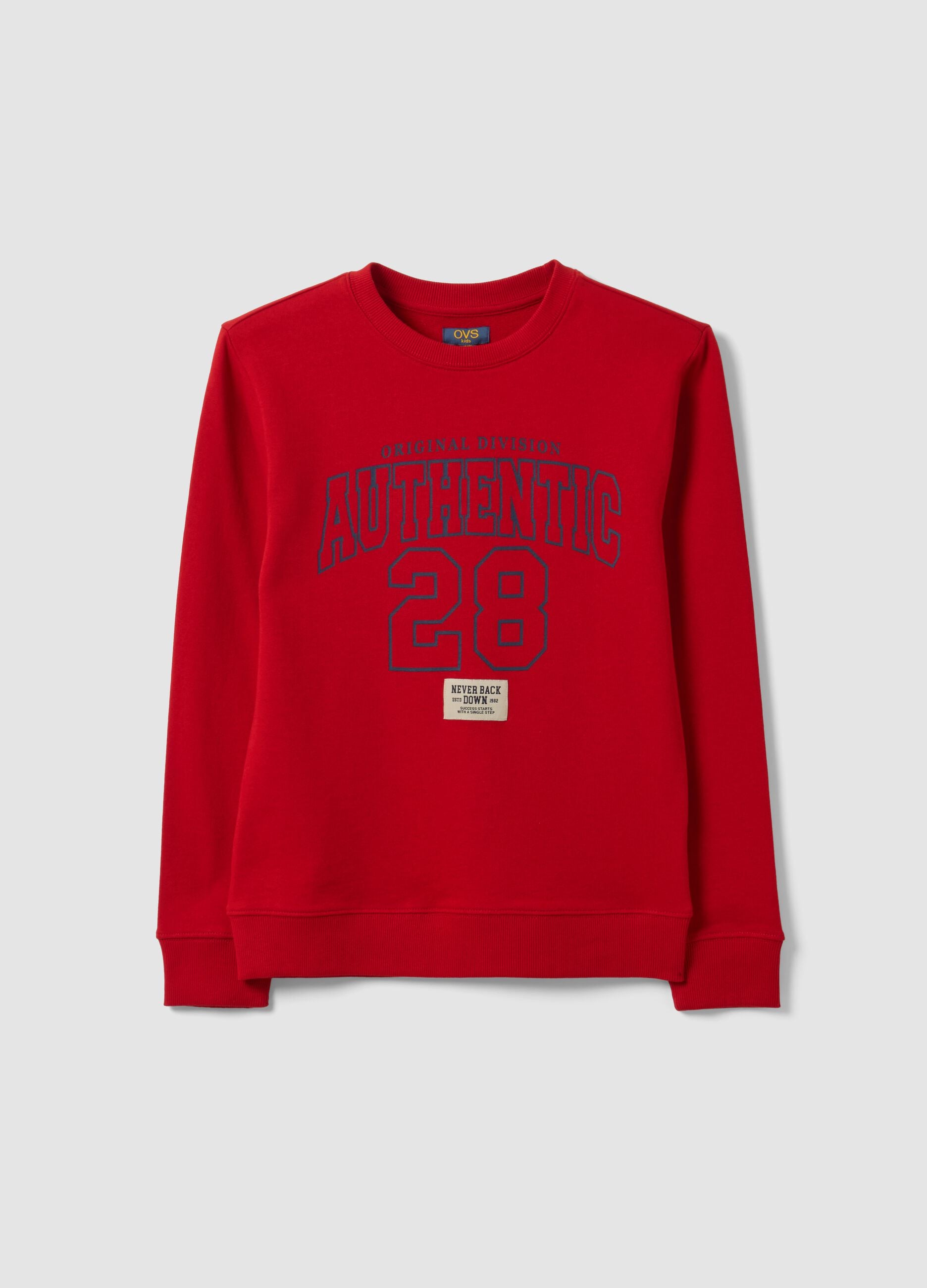 Red boys&rsquo; sweatshirt in pure organic cotton with crew neck and print