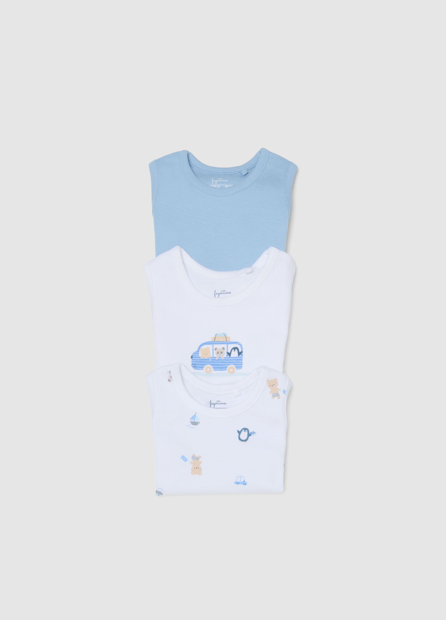 Multicoloured sleeveless bodysuit tripack in pure cotton for newborns