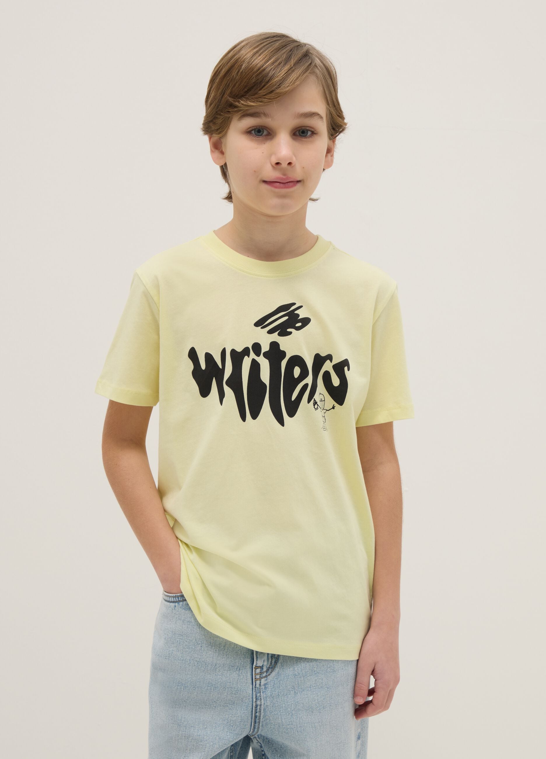 Boy's yellow pure cotton regular fit T-shirt with lettering