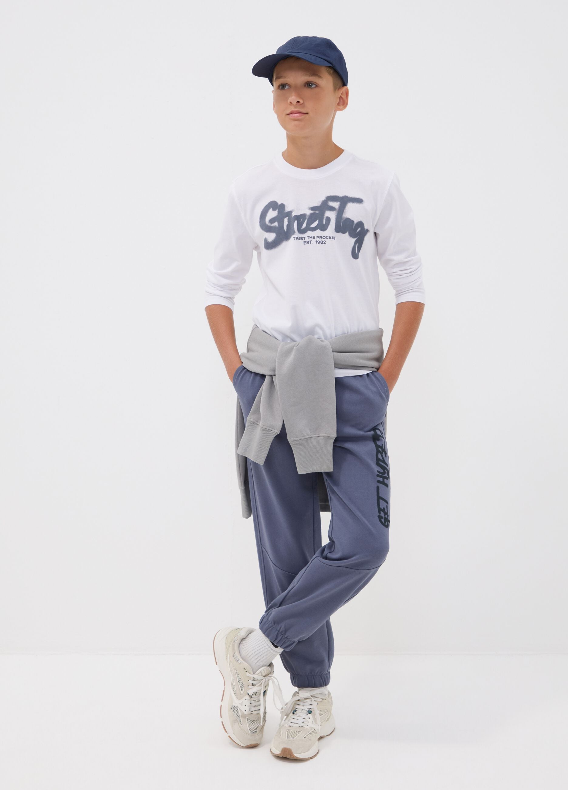 Grey oversized pure cotton jogger trousers with "Get Hyped" slogan for boys