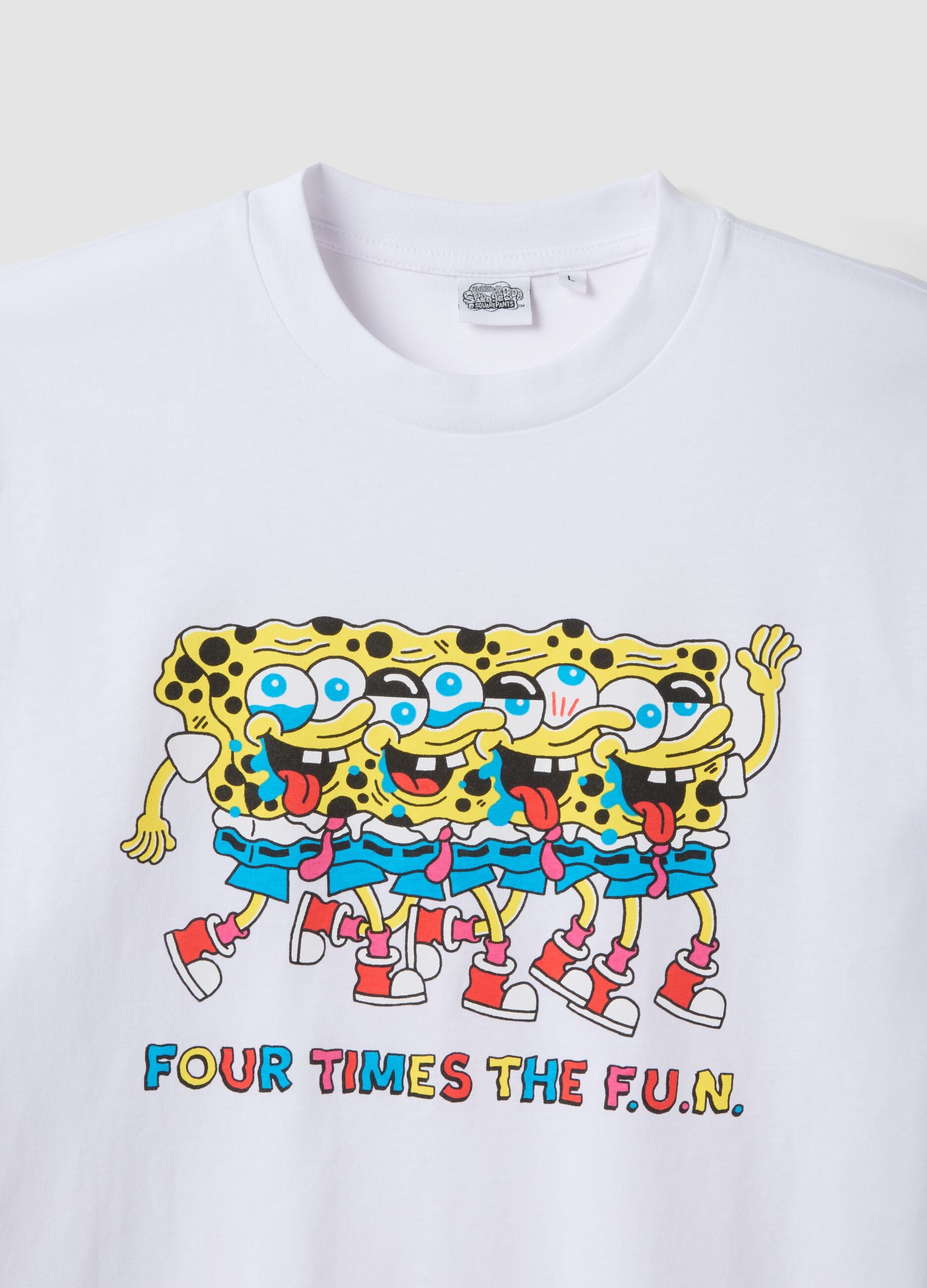 White pure cotton regular fit T-shirt with SpongeBob print