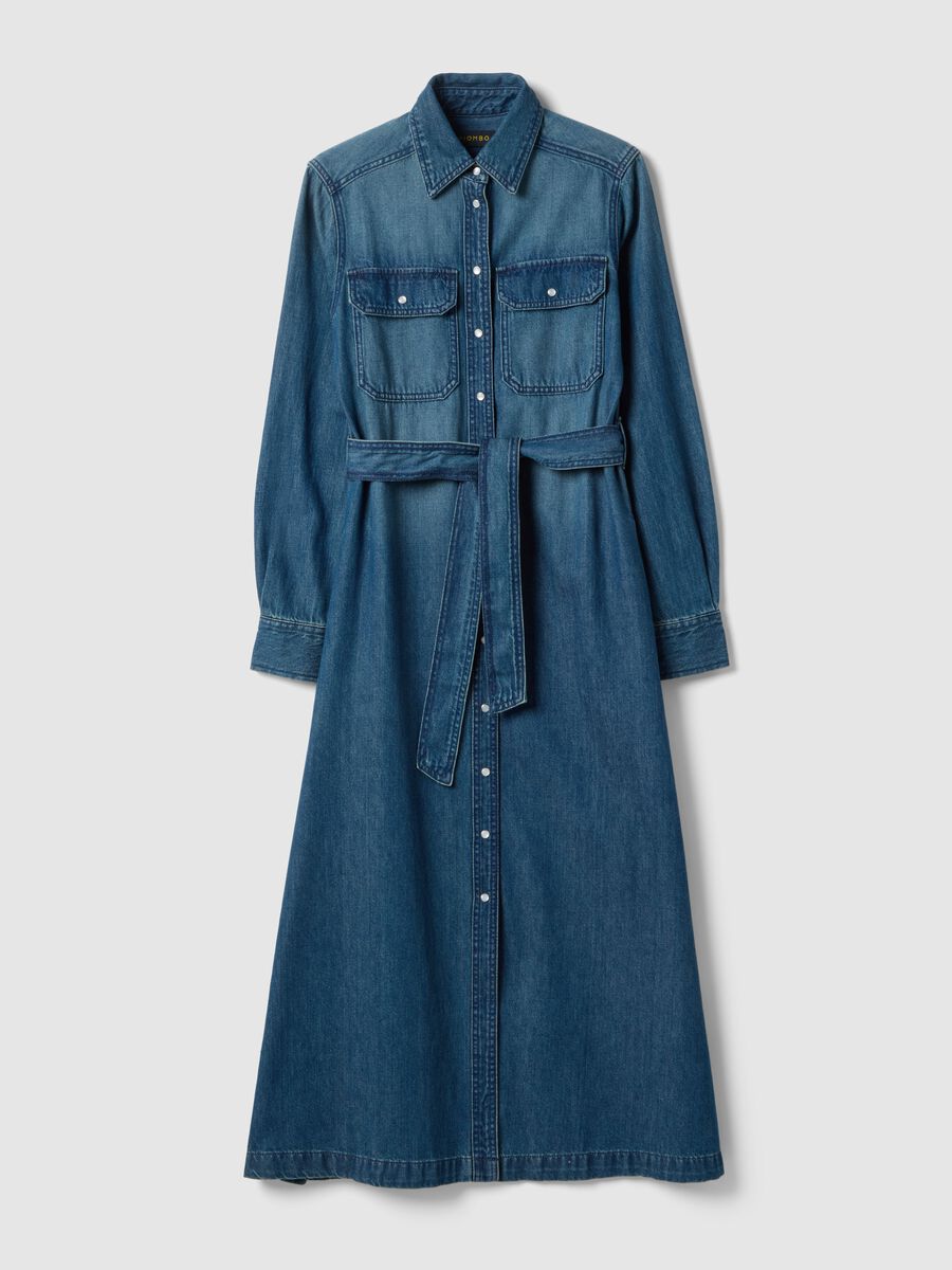 Abito lungo in puro cotone denim blu regular fit_4
