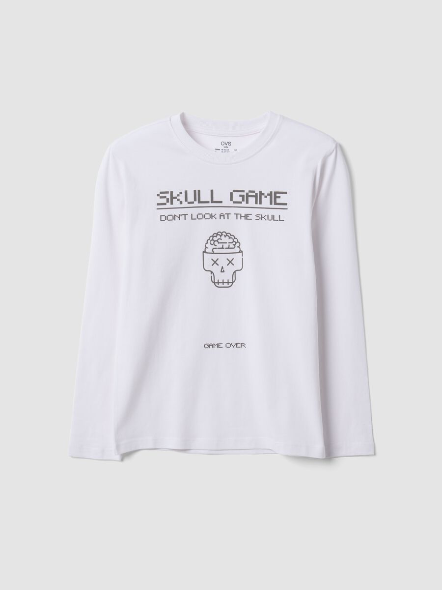 White pure organic cotton crew-neck T-shirt with skull print for boys_0