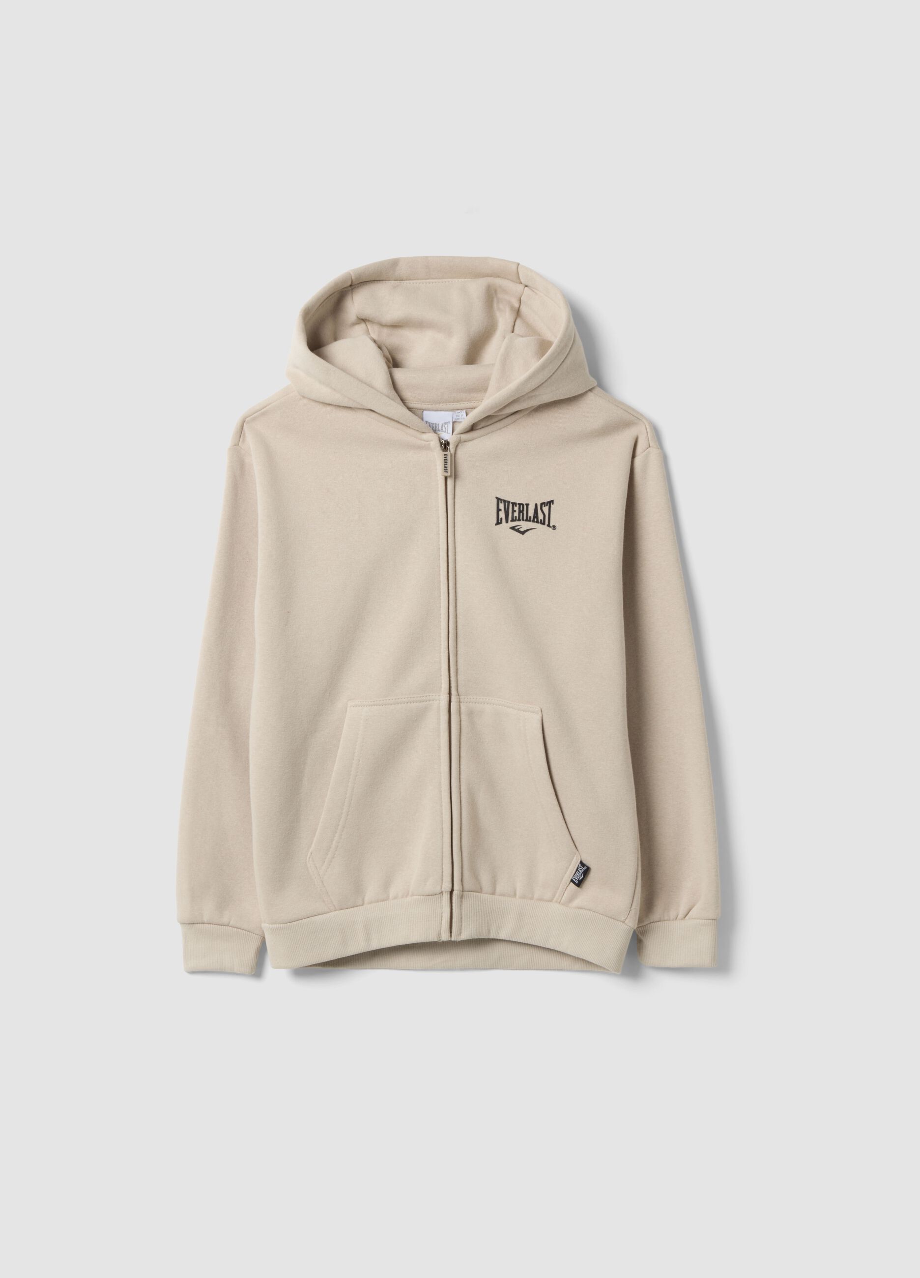 Beige full-zip hooded sweatshirt in cotton blend, regular fit