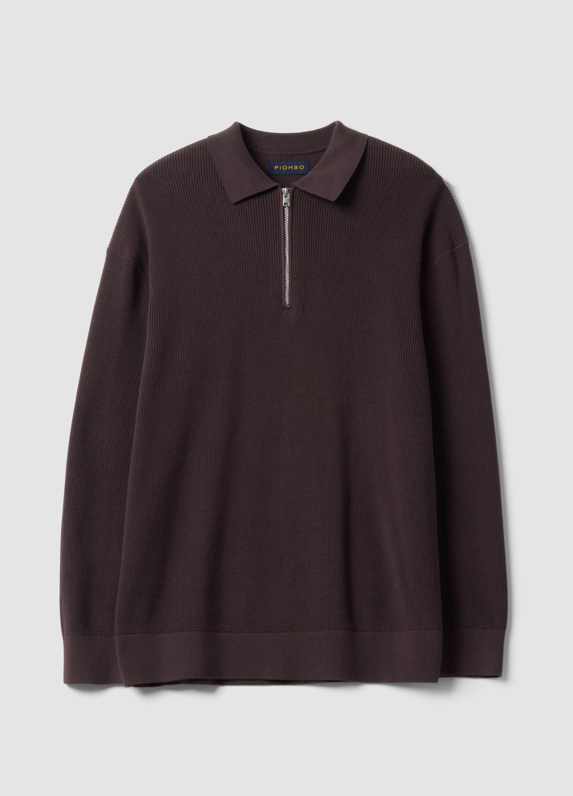 Brown pure cotton polo with zip and classic collar