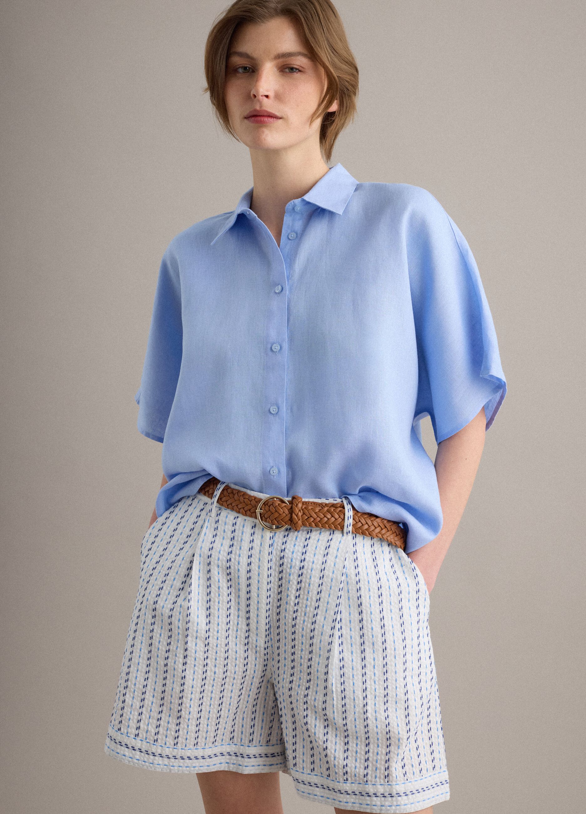Light blue pure linen regular-fit shirt