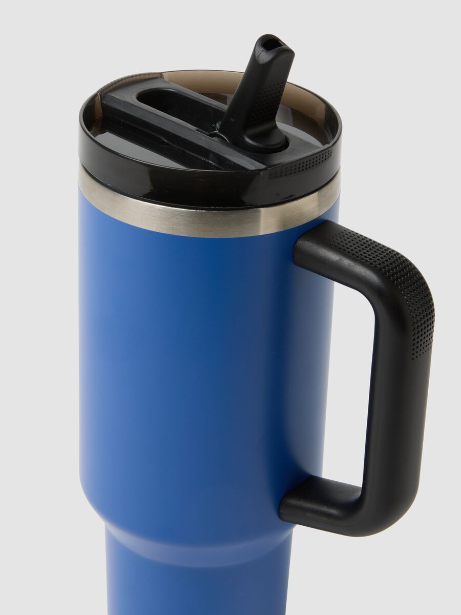 Blue insulated water bottle with handle and straw_1