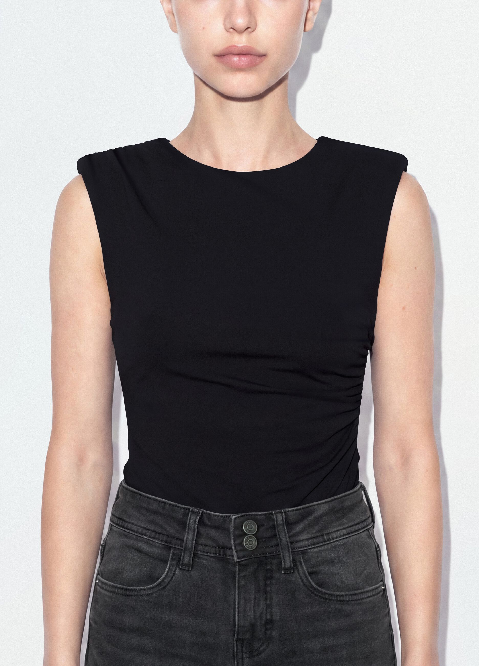 Black stretch jersey bodysuit with ruching, regular fit