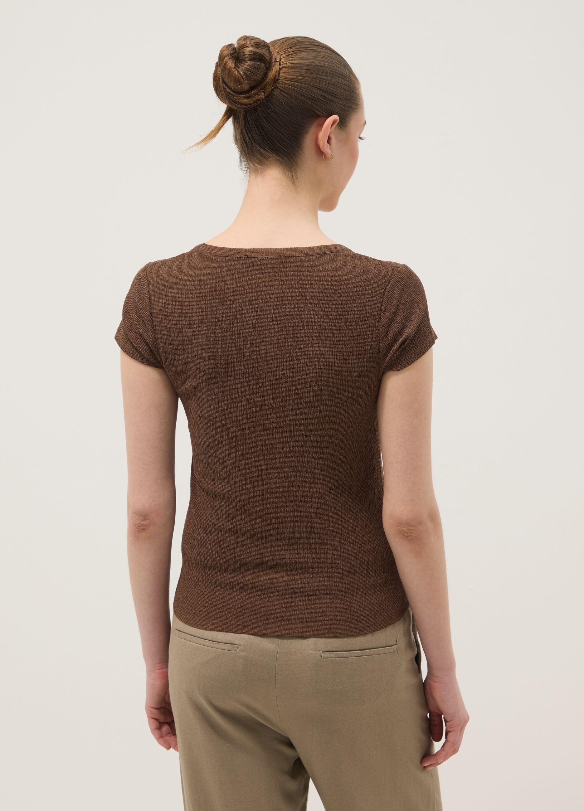 Brown stretch-fabric T-shirt