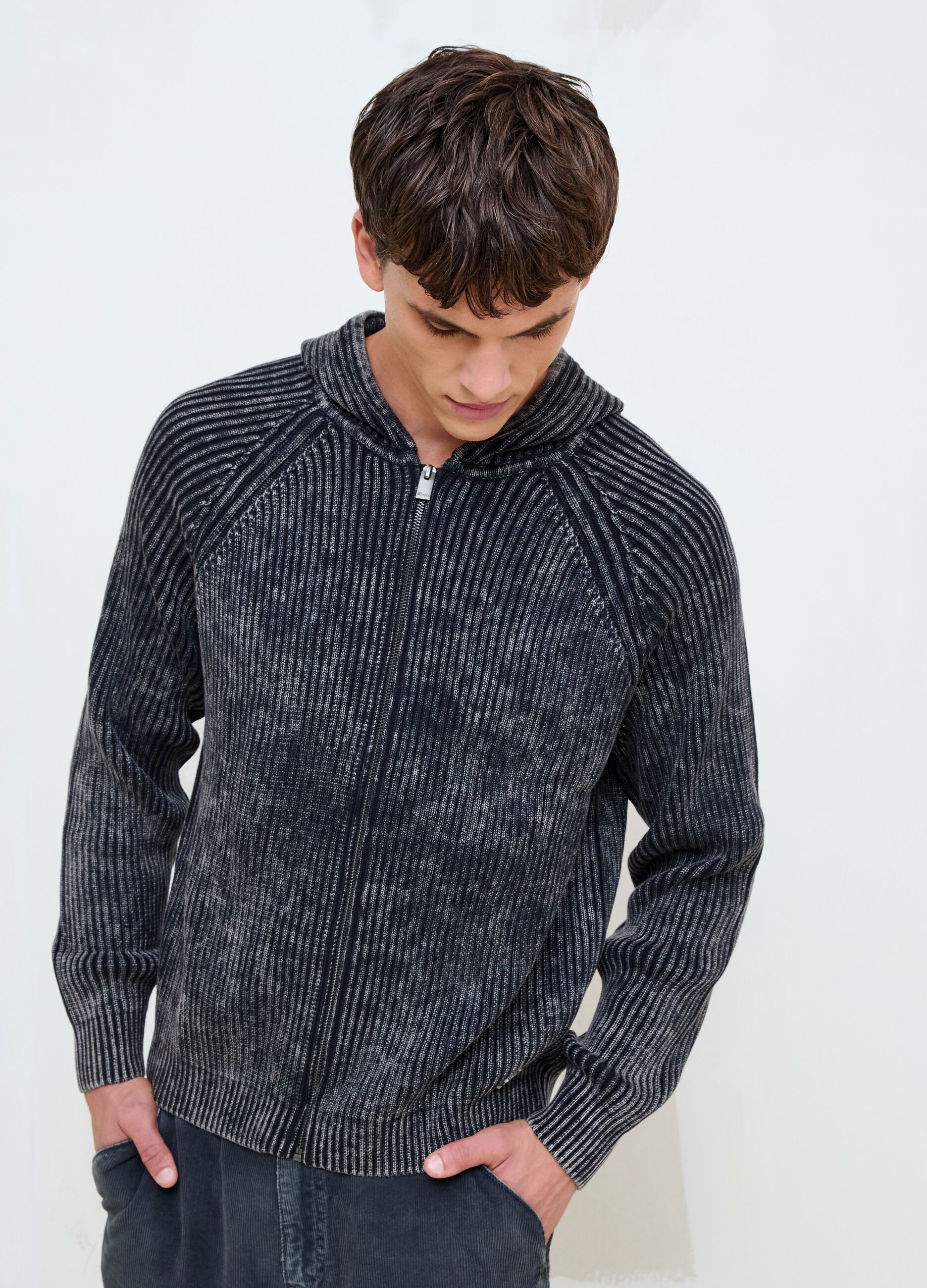 Vintage Grey Ribbed Knit Hoodie