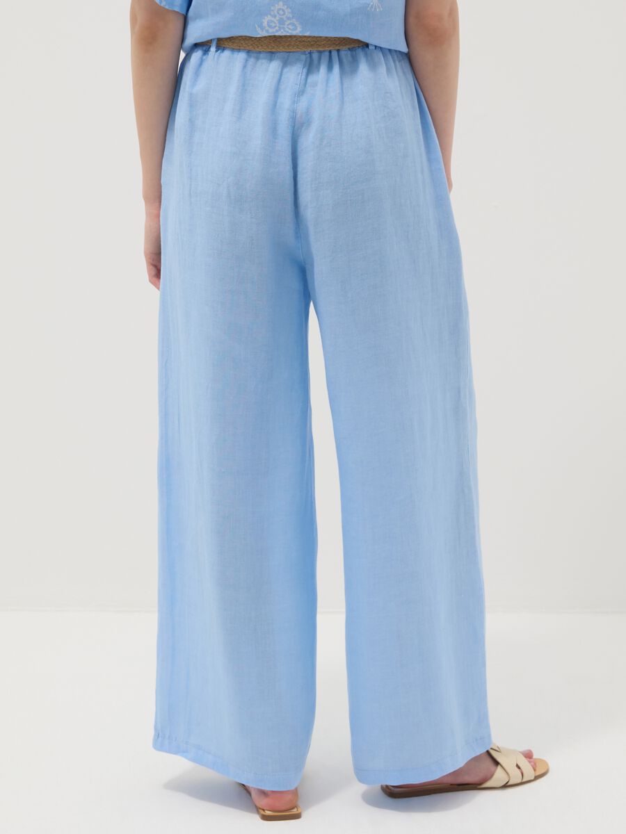 Sky-blue pure linen wide-leg trousers with elasticated waist_2