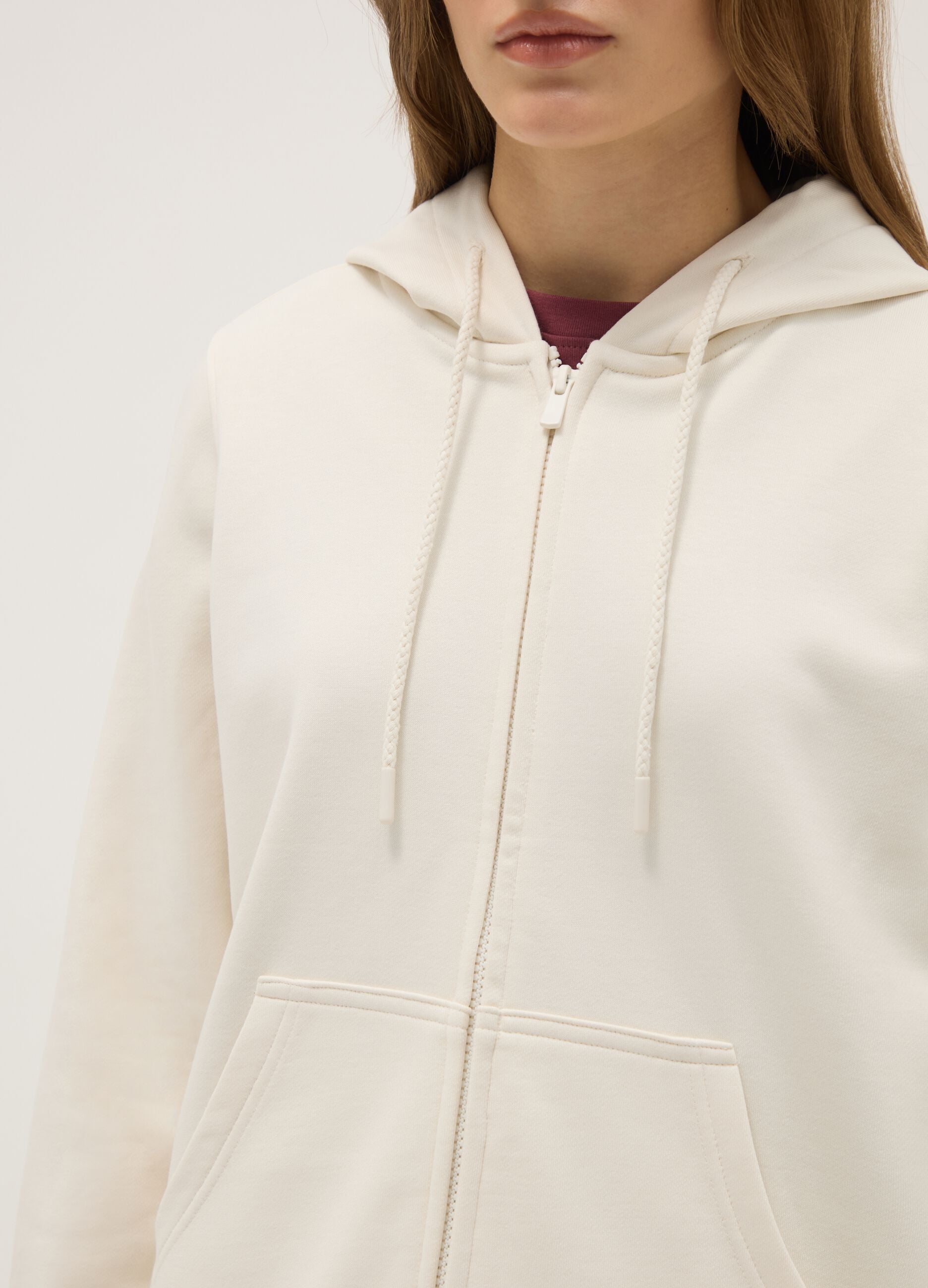 Beige cotton-blend regular fit hoodie with zip