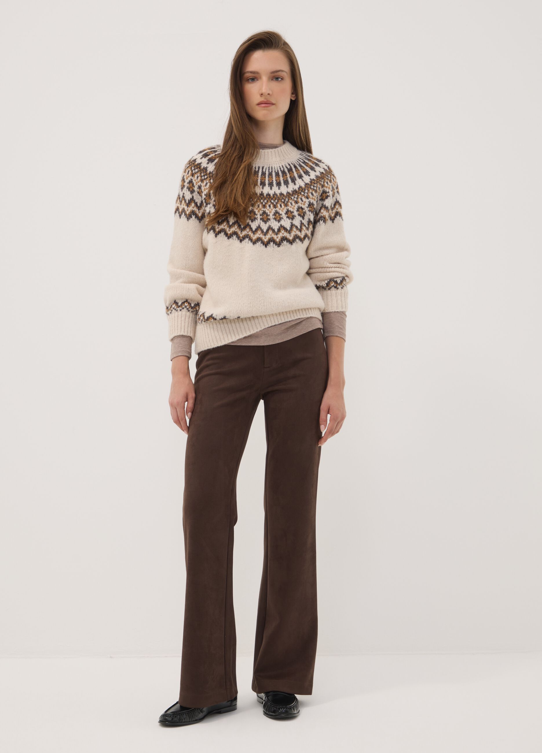 Beige Jacquard Jumper with High Neck