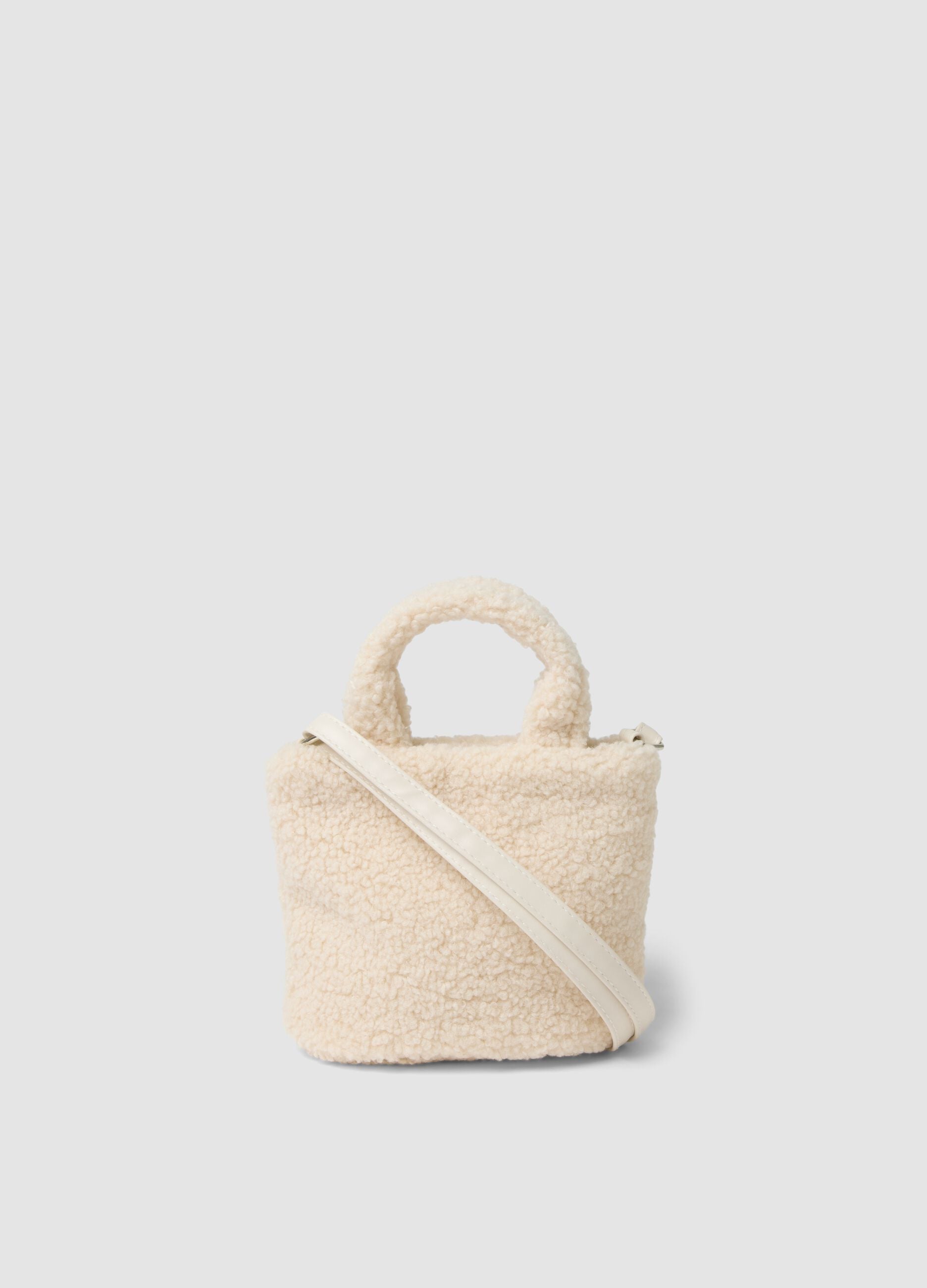 Beige teddy-effect bag with teddy bear applique