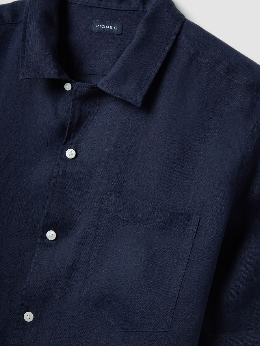 Blue short sleeve pure linen regular fit shirt with chest pocket_5