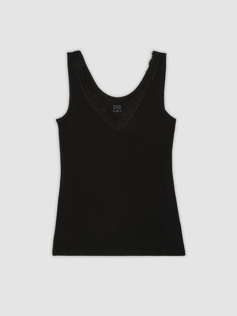 Black stretch viscose vest top with deep V-neck lace trim_4