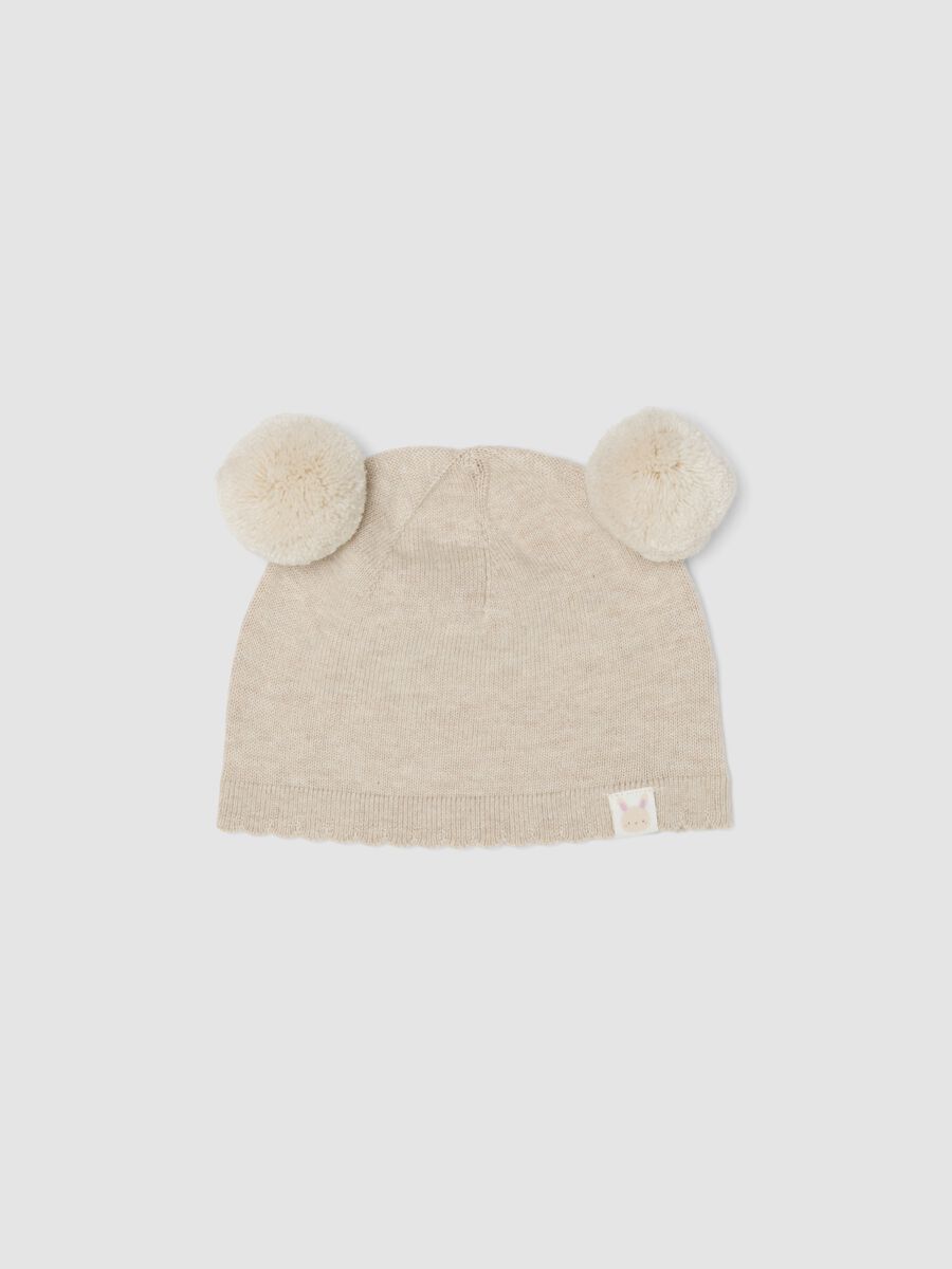 Beige knitted hat in pure organic cotton with pom-poms for baby girl_0