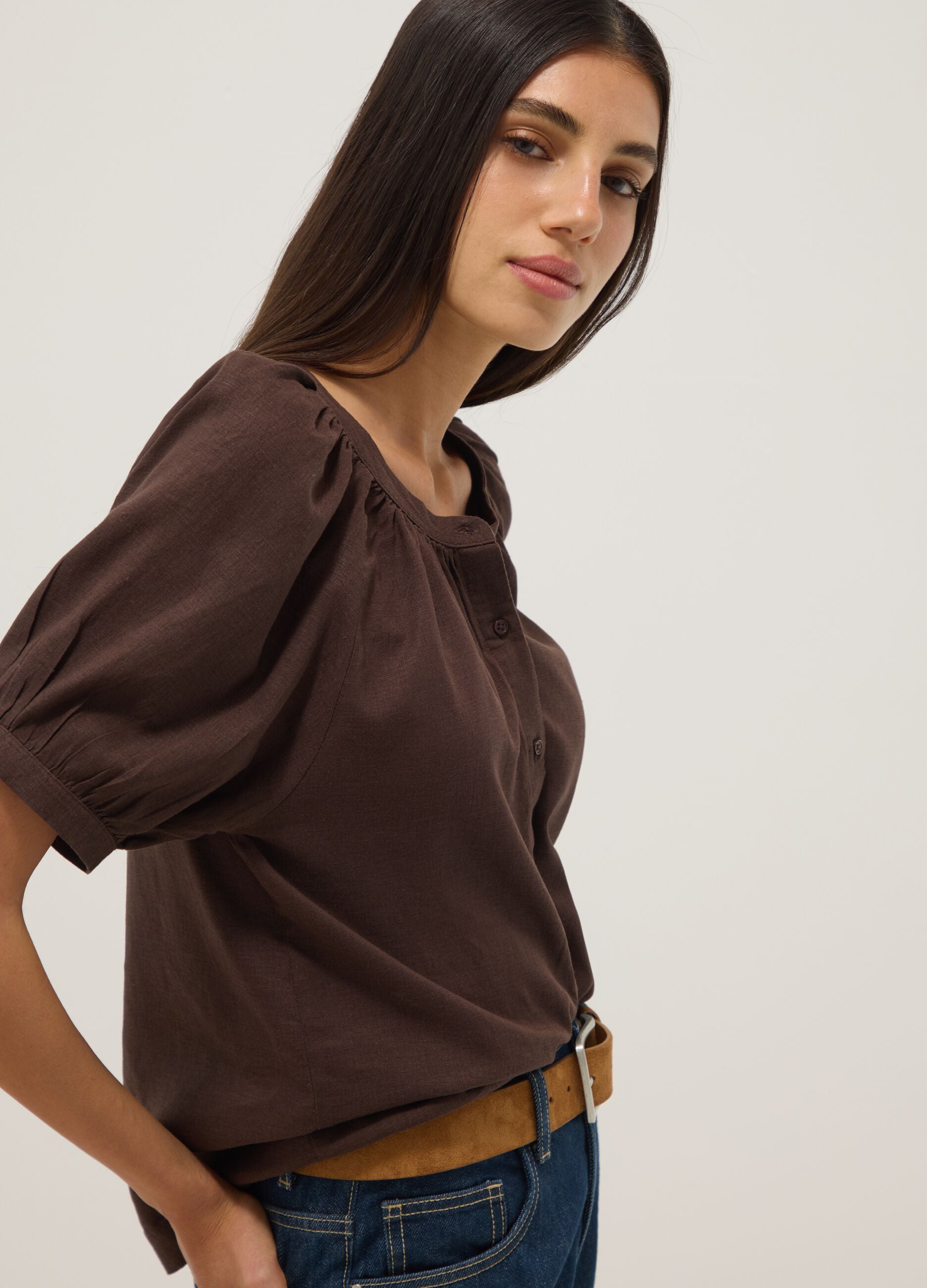 Brown linen blend regular fit shirt with Mandarin collar