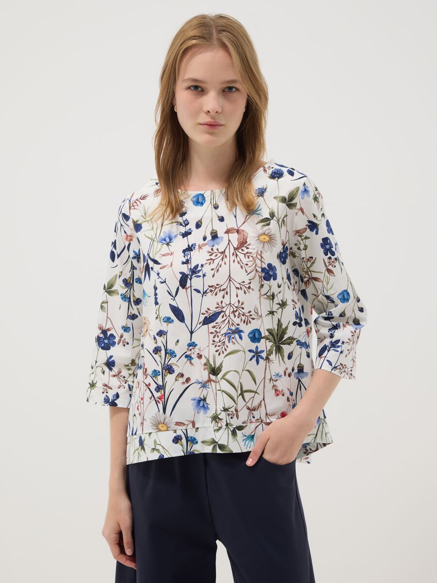 White stretch-cotton blouse with floral print_0