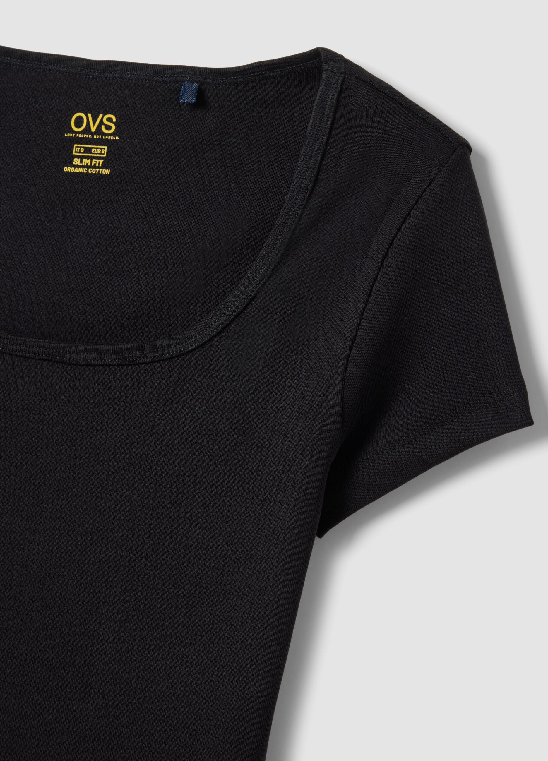 Black fitted stretch cotton T-shirt with square neckline