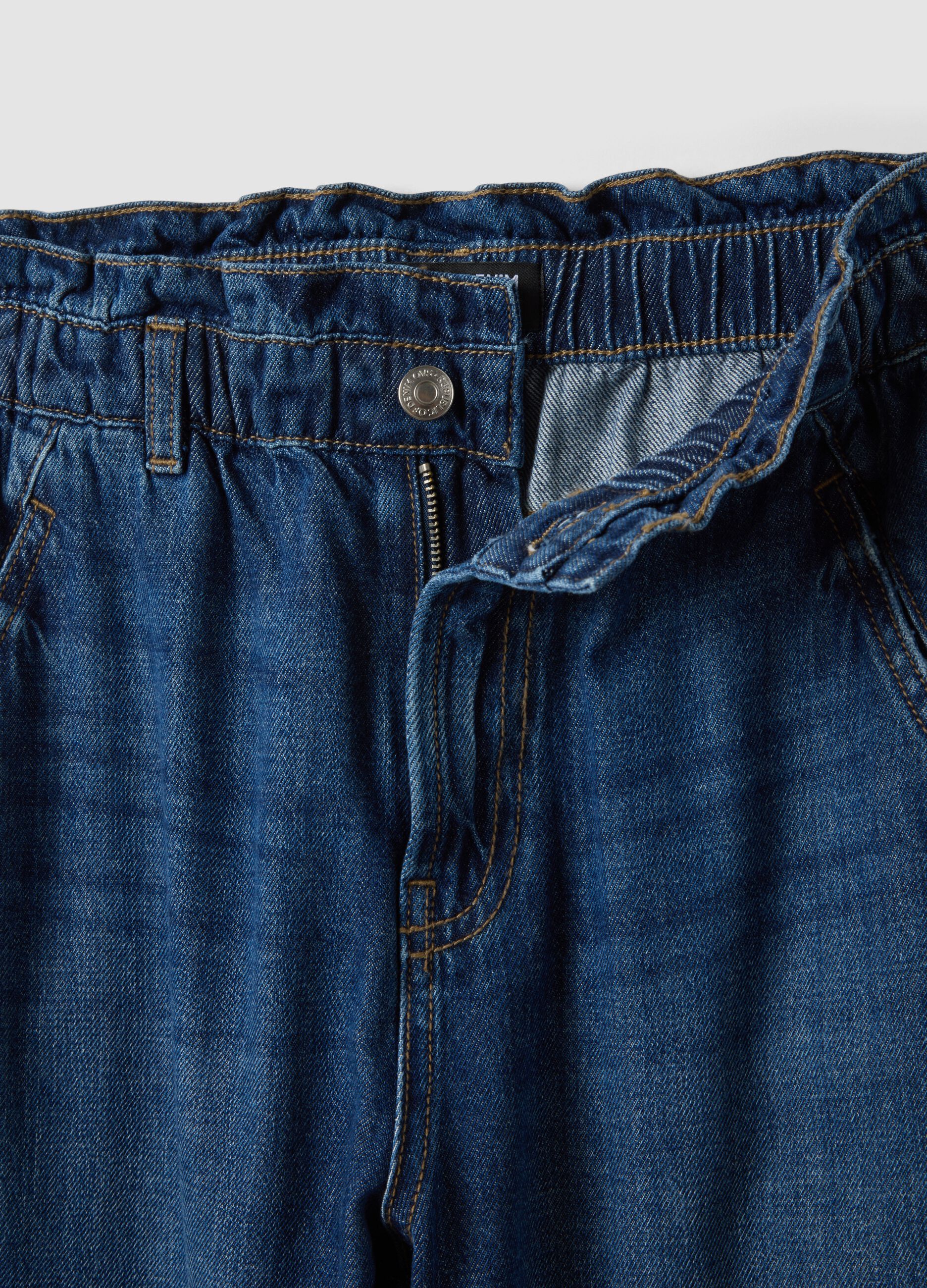 Blue denim baggy-fit jeans in pure cotton with paperbag waist