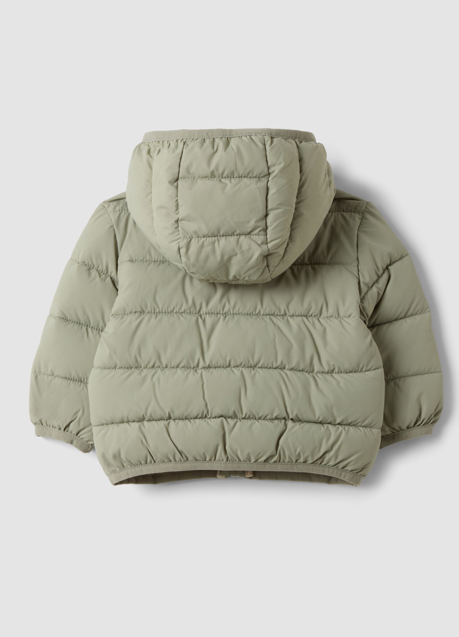 Green padded ultralight jacket with hood and zip for baby