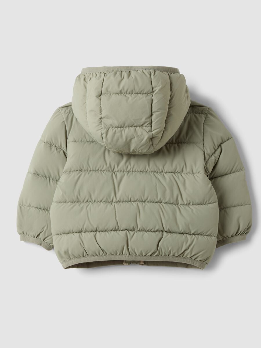 Green padded ultralight jacket with hood and zip for baby_1