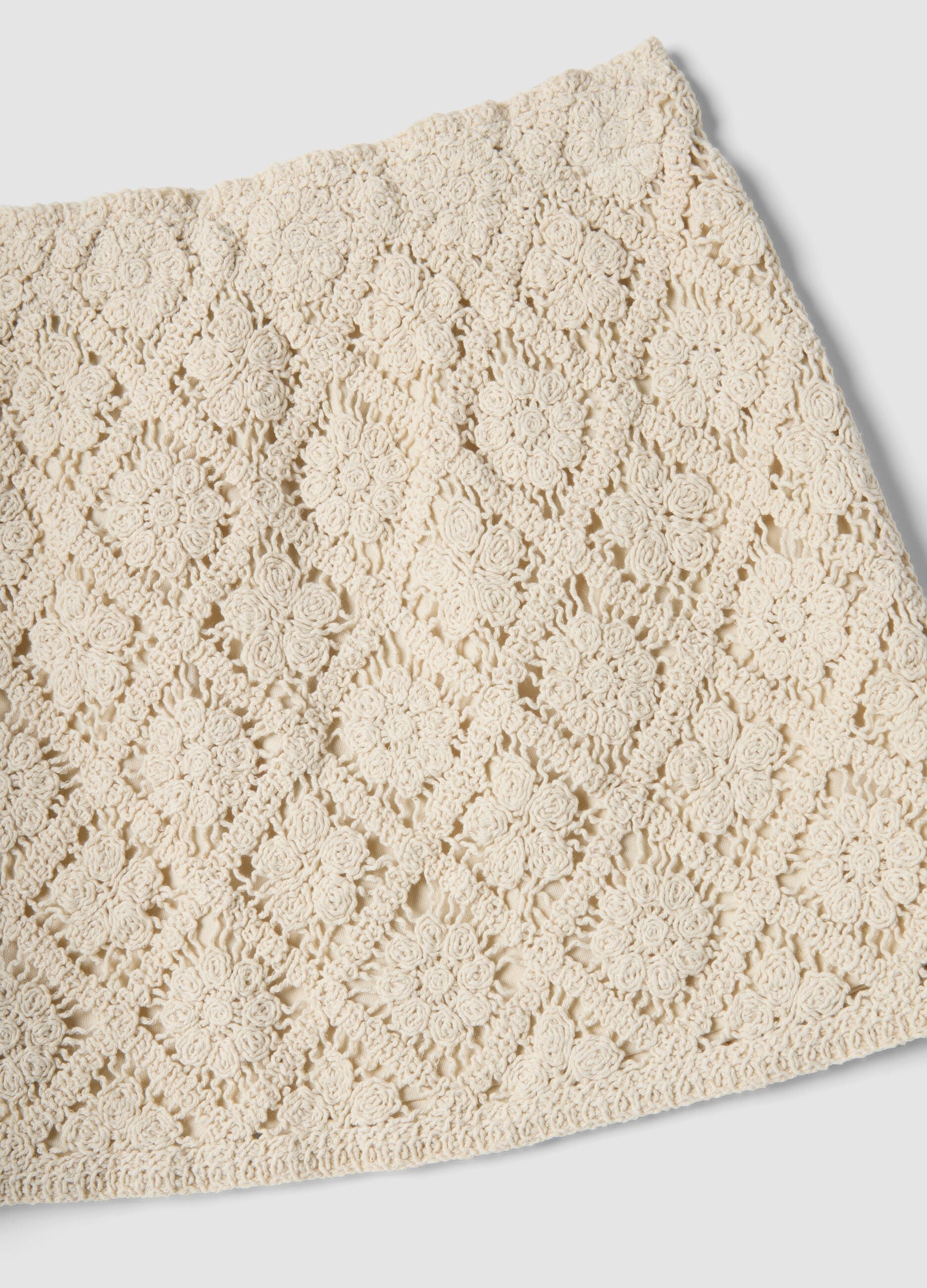 Beige cotton-blend mini skirt with floral lace