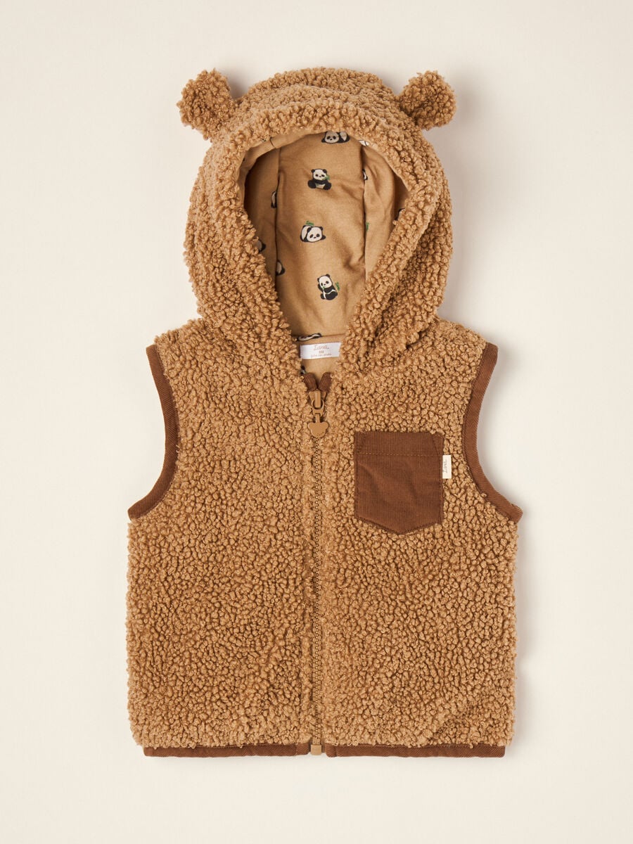 Gilet marrone con cappuccio effetto teddy_0