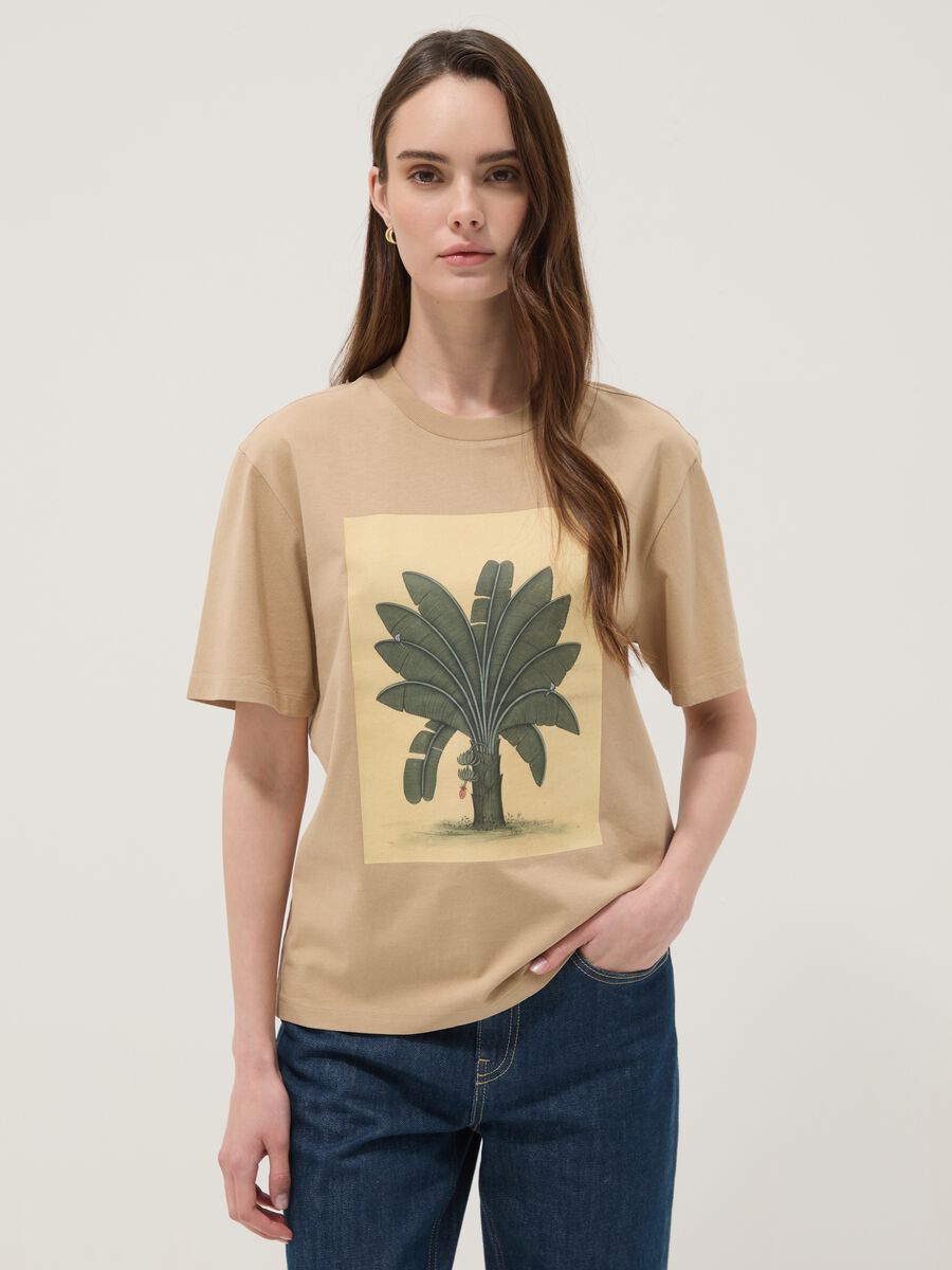 Beige pure cotton T-shirt with front print_0