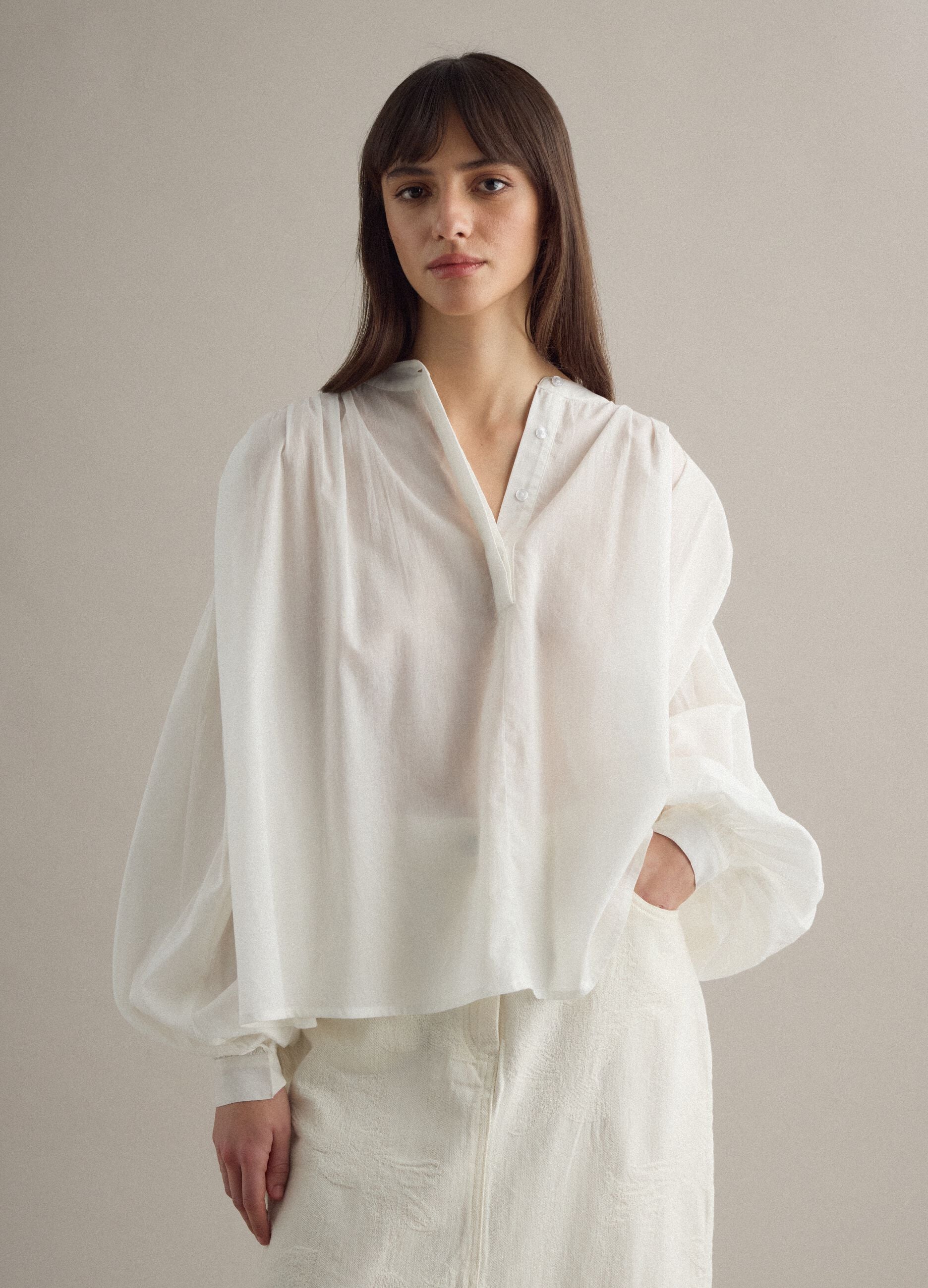 White pure cotton oversized fit blouse with wide sleeves