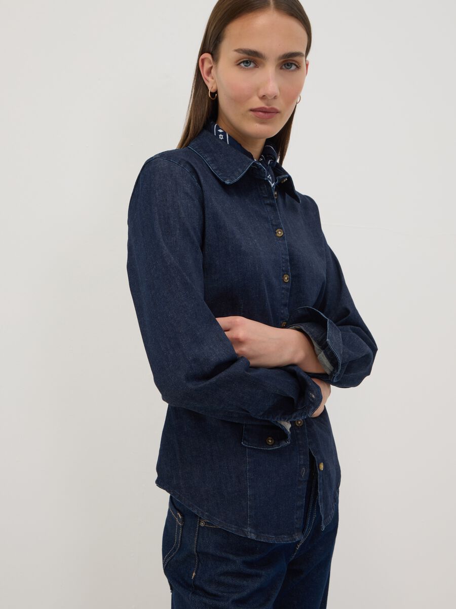Dark blue slim-fit stretch cotton denim shirt_0