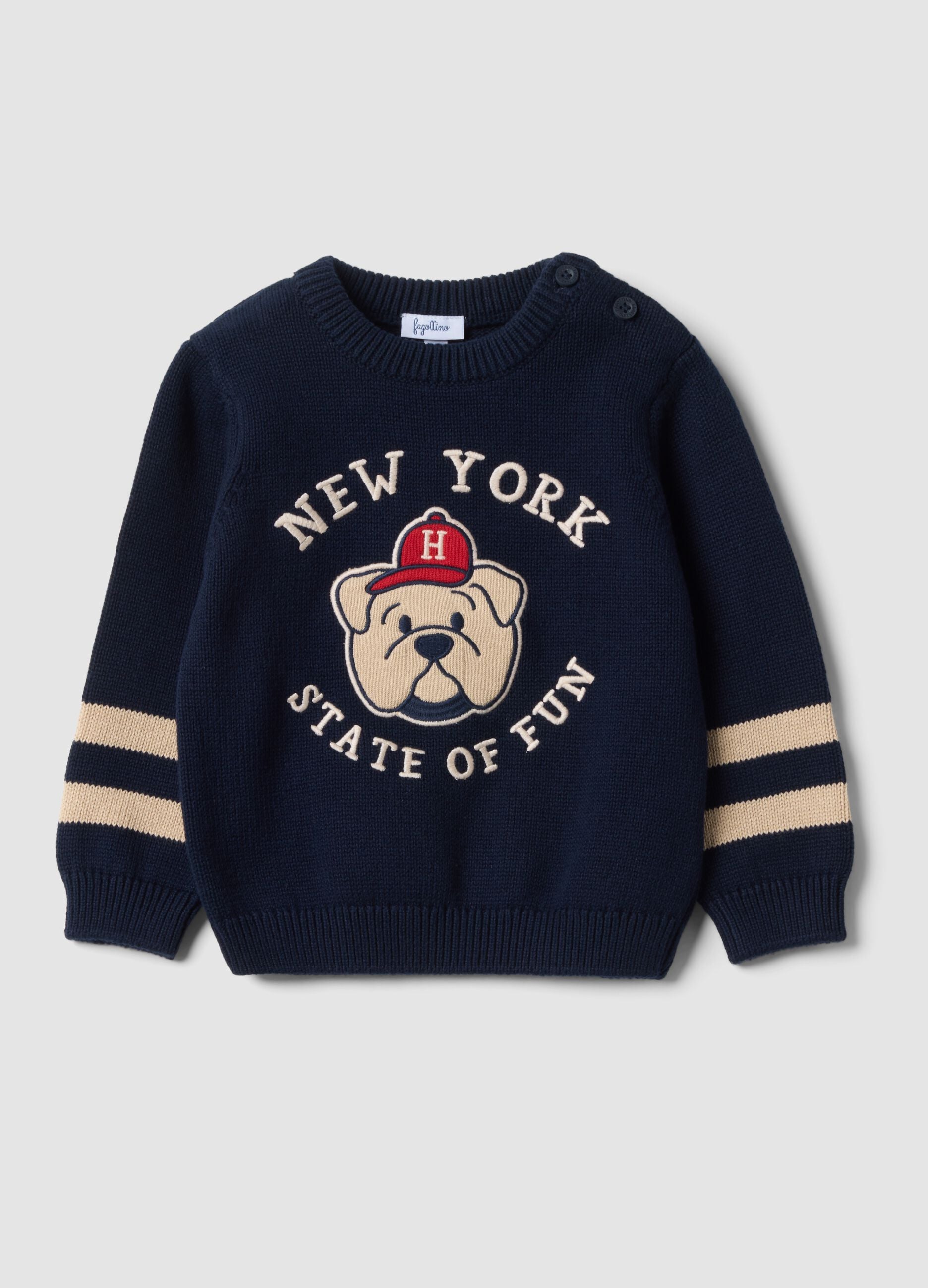 Blue pure cotton crew-neck jumper with puppy print for baby boy