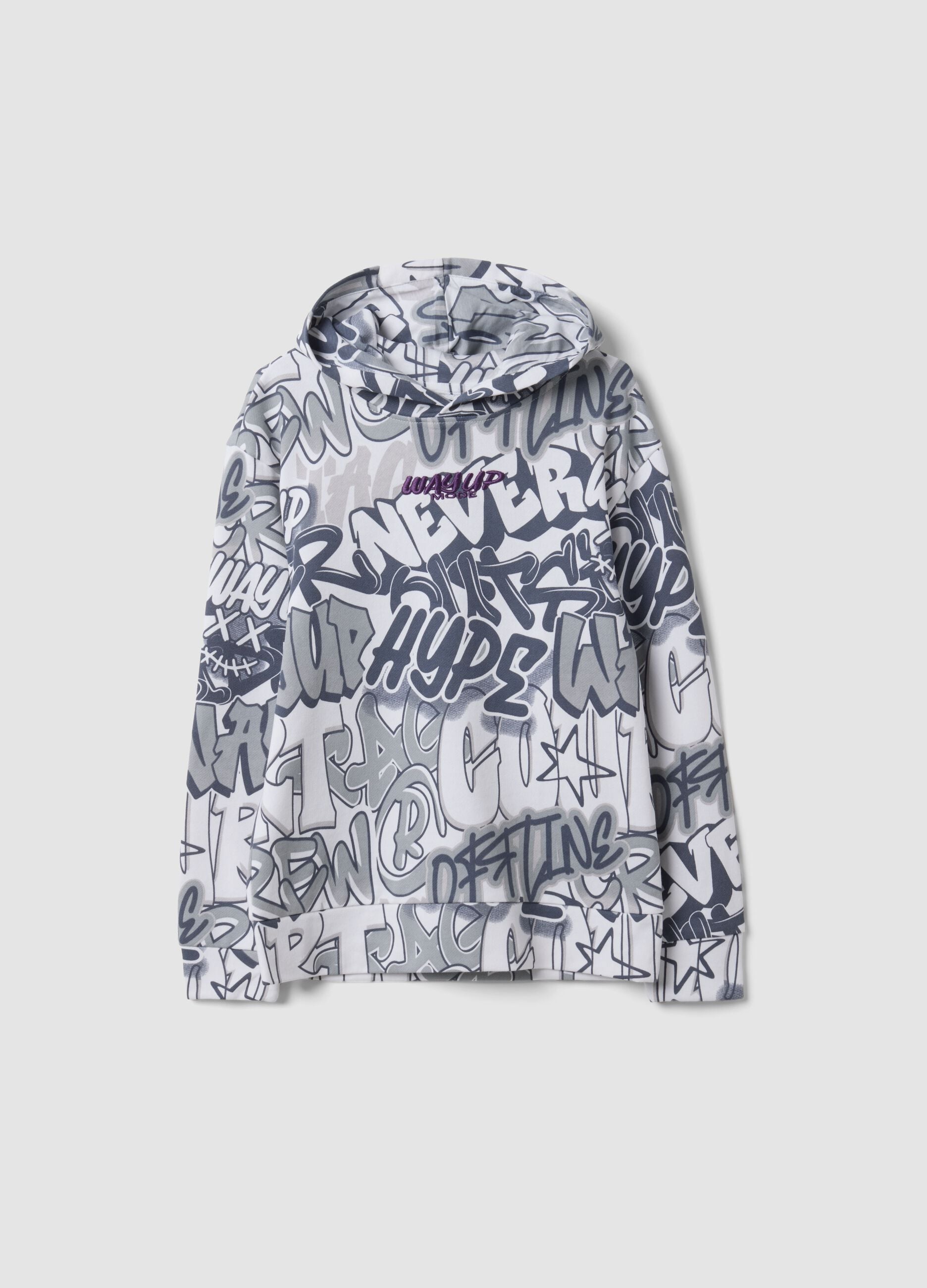 White cotton-blend hoodie with all-over graffiti print for boys