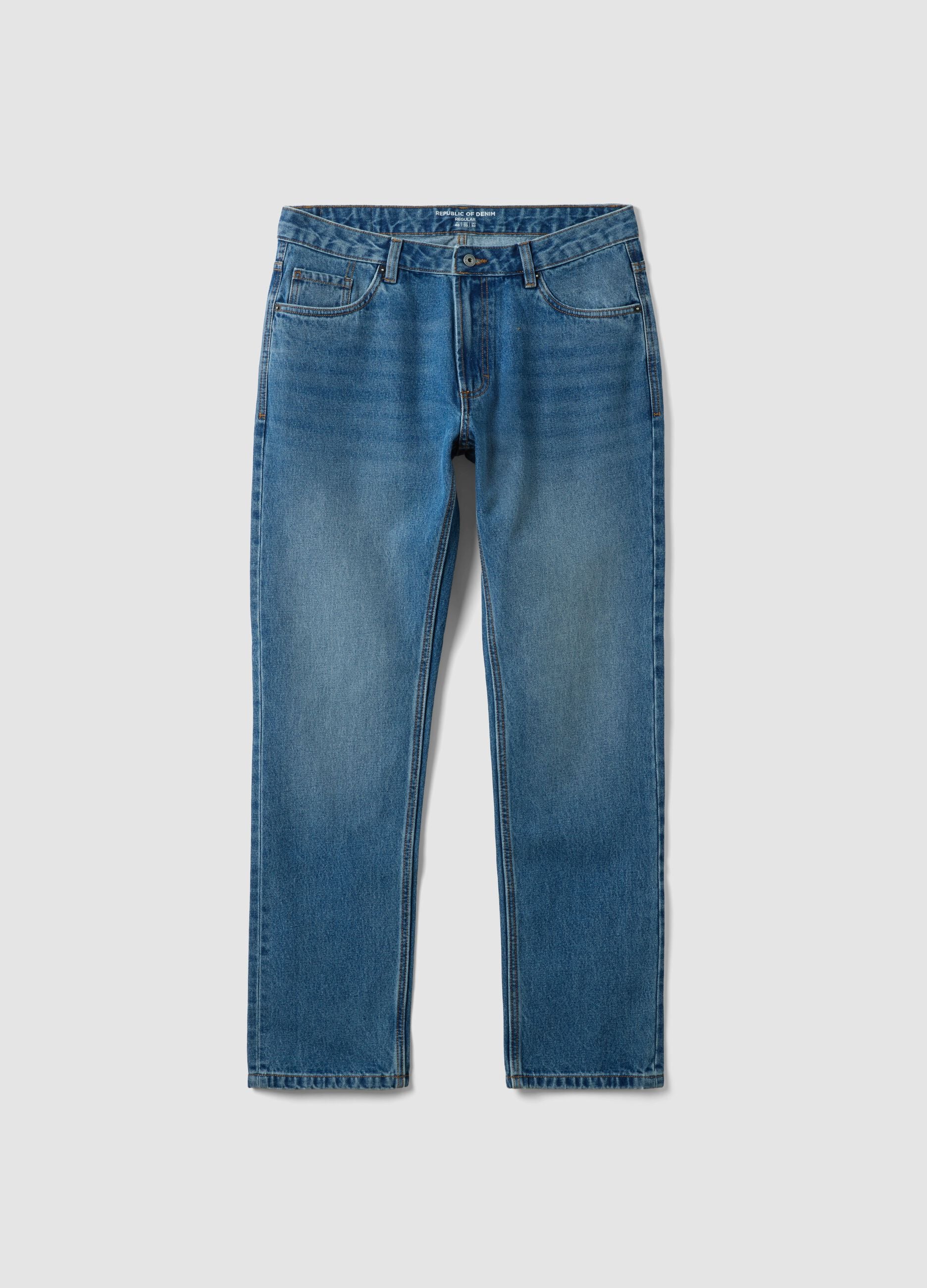 Blue denim jeans in pure cotton, regular fit