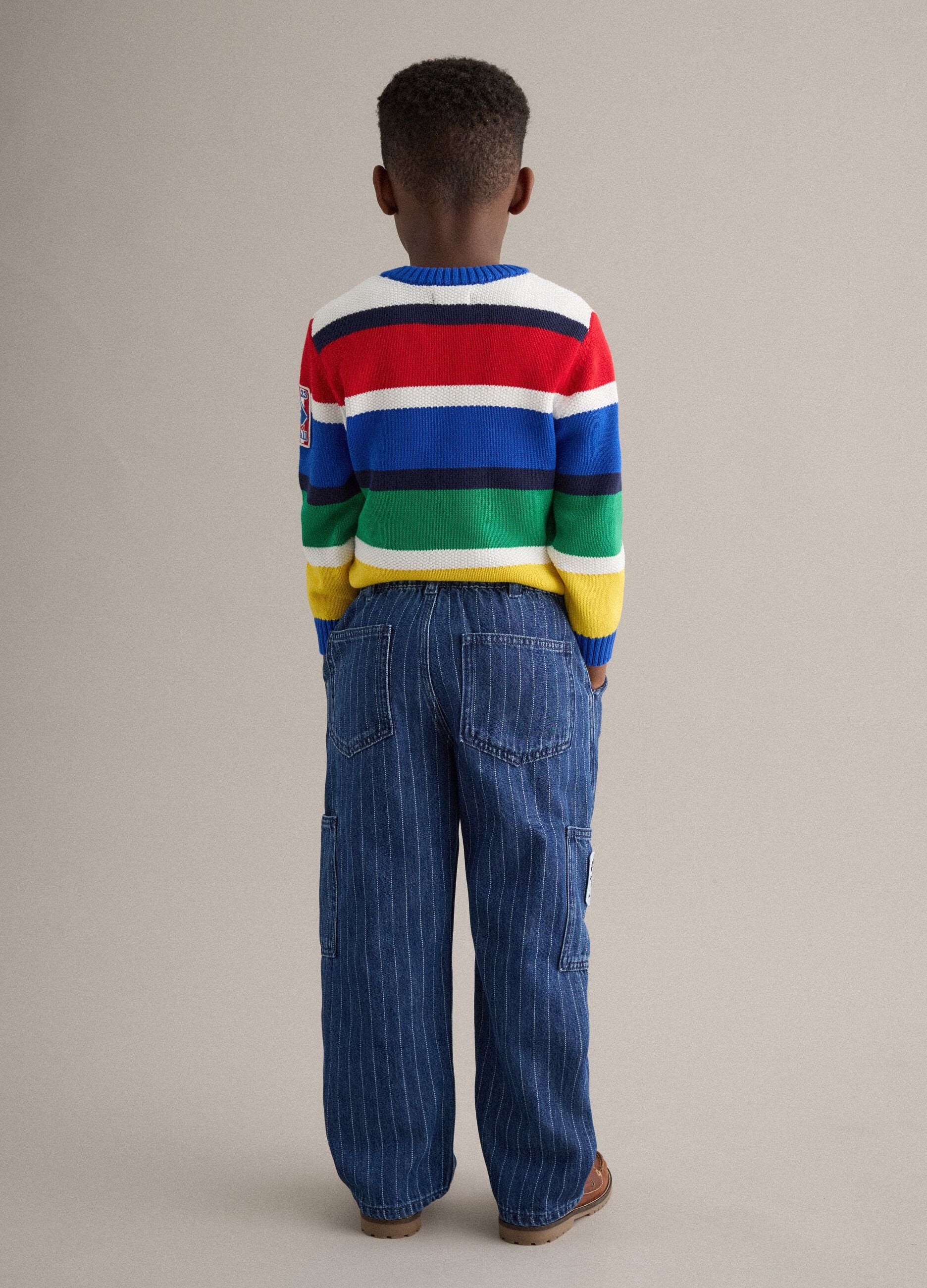 Children's relaxed fit striped blue cotton blend cargo trousers