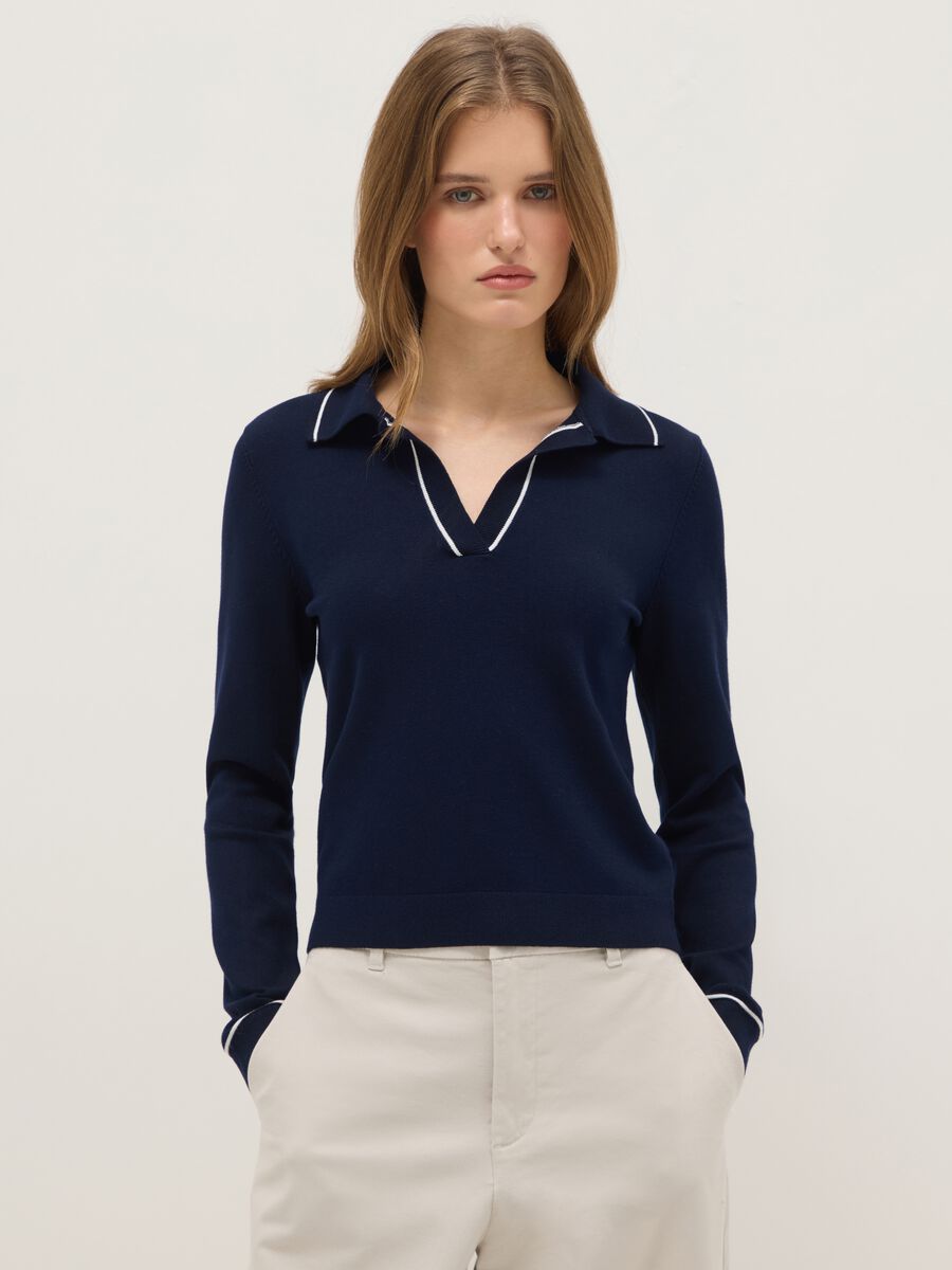 Blue regular fit shirt with polo collar and contrast details_0