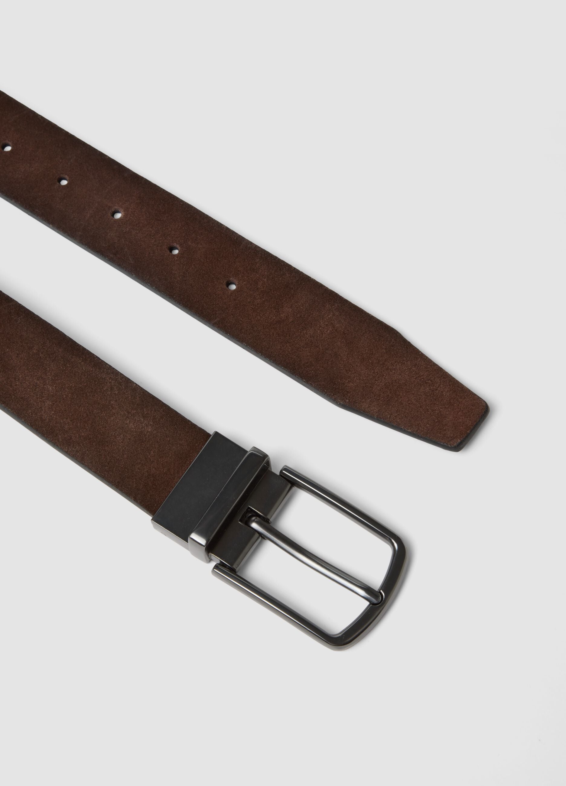 Reversible brown genuine leather belt with metal buckle